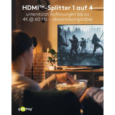Goobay 58483 HDMI Splitter 1 in 4 out HDMI Kabel 4K @ 60Hz Hub HDMI Weiche 18 Gbit/s Verteiler für 4 Monitore eARC-6