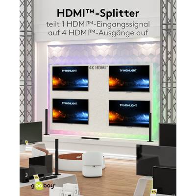 Goobay 58483 HDMI Splitter 1 in 4 out HDMI Kabel 4K @ 60Hz Hub HDMI Weiche 18 Gbit/s Verteiler für 4 Monitore eARC-2