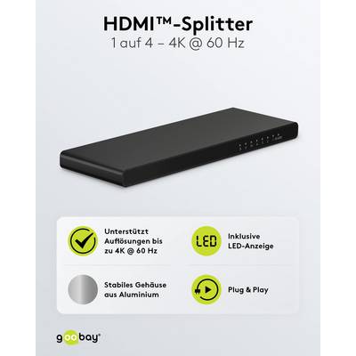 Goobay 58483 HDMI Splitter 1 in 4 out HDMI Kabel 4K @ 60Hz Hub HDMI Weiche 18 Gbit/s Verteiler für 4 Monitore eARC-3
