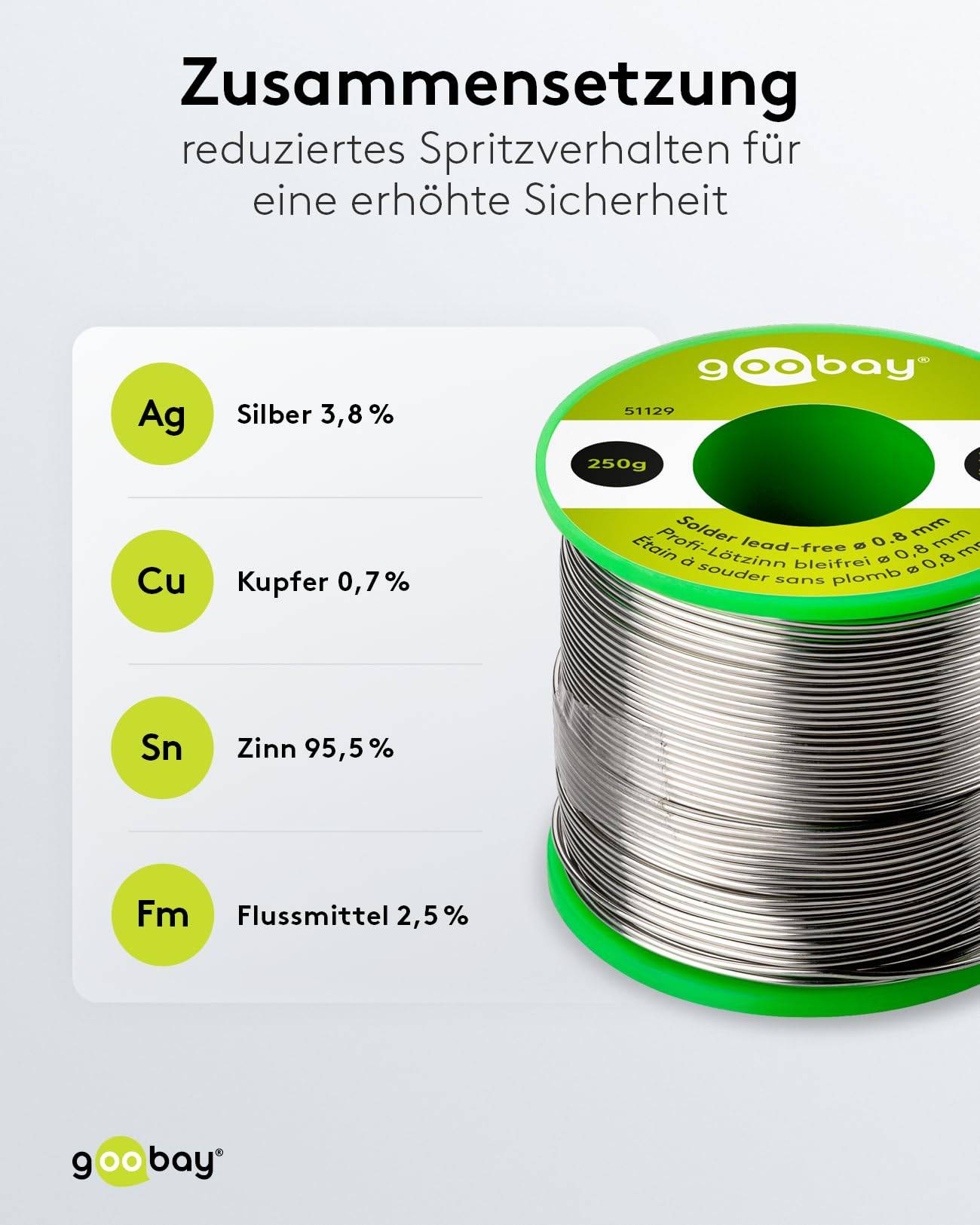 Goobay 51129 Lötzinn bleifrei ø 0,8 mm Lötdraht Flussmittel / 3,8 % Silber / 217 °C Schmelzpunkt bleifreies Löten 250g-2