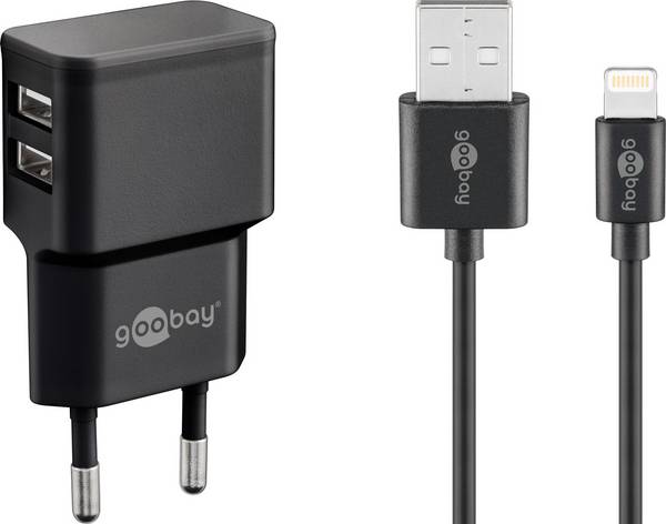 Goobay 44995 USB-A Netzteil 12W / Apple Lightning Ladekabel / iPhone Ladegerät Dual Port Adapter 5V / Schwarz / Kabel 1m
