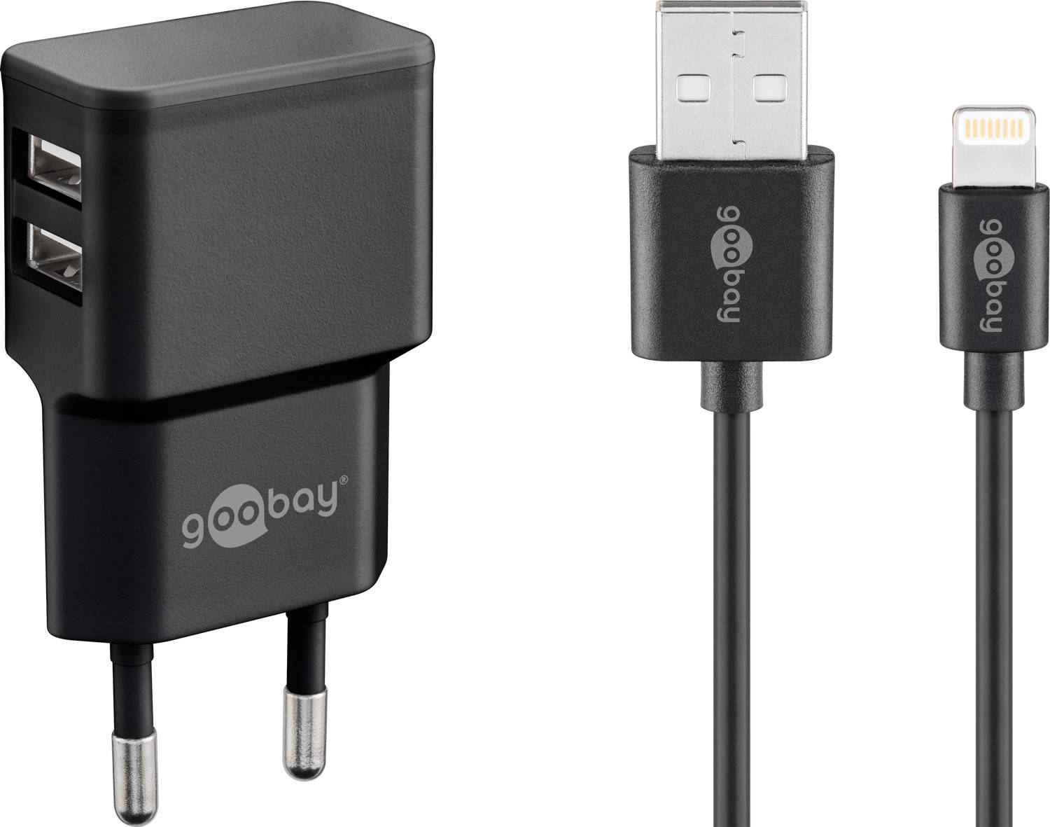 Goobay 44995 USB-A Netzteil 12W / Apple Lightning Ladekabel / iPhone Ladegerät Dual Port Adapter 5V / Schwarz / Kabel 1m-0