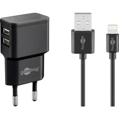 Goobay 44995 USB-A Netzteil 12W / Apple Lightning Ladekabel / iPhone Ladegerät Dual Port Adapter 5V / Schwarz / Kabel 1m-0