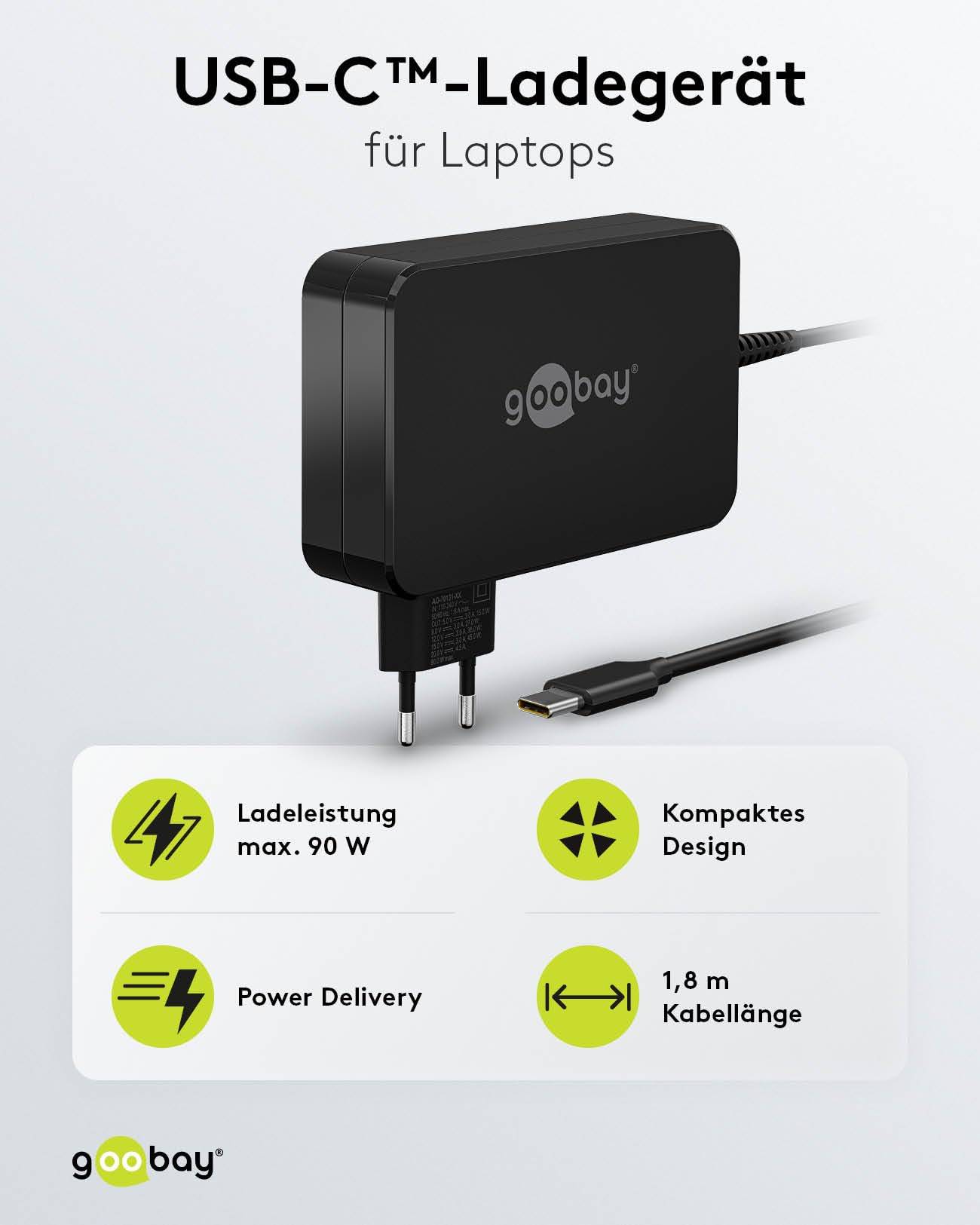 Goobay 65420 USB C Laptop Ladegerät 90W Universal Ladekabel max 20V / 4,5A Netzadapter Netzteil Steckernetzteil Schwarz-1