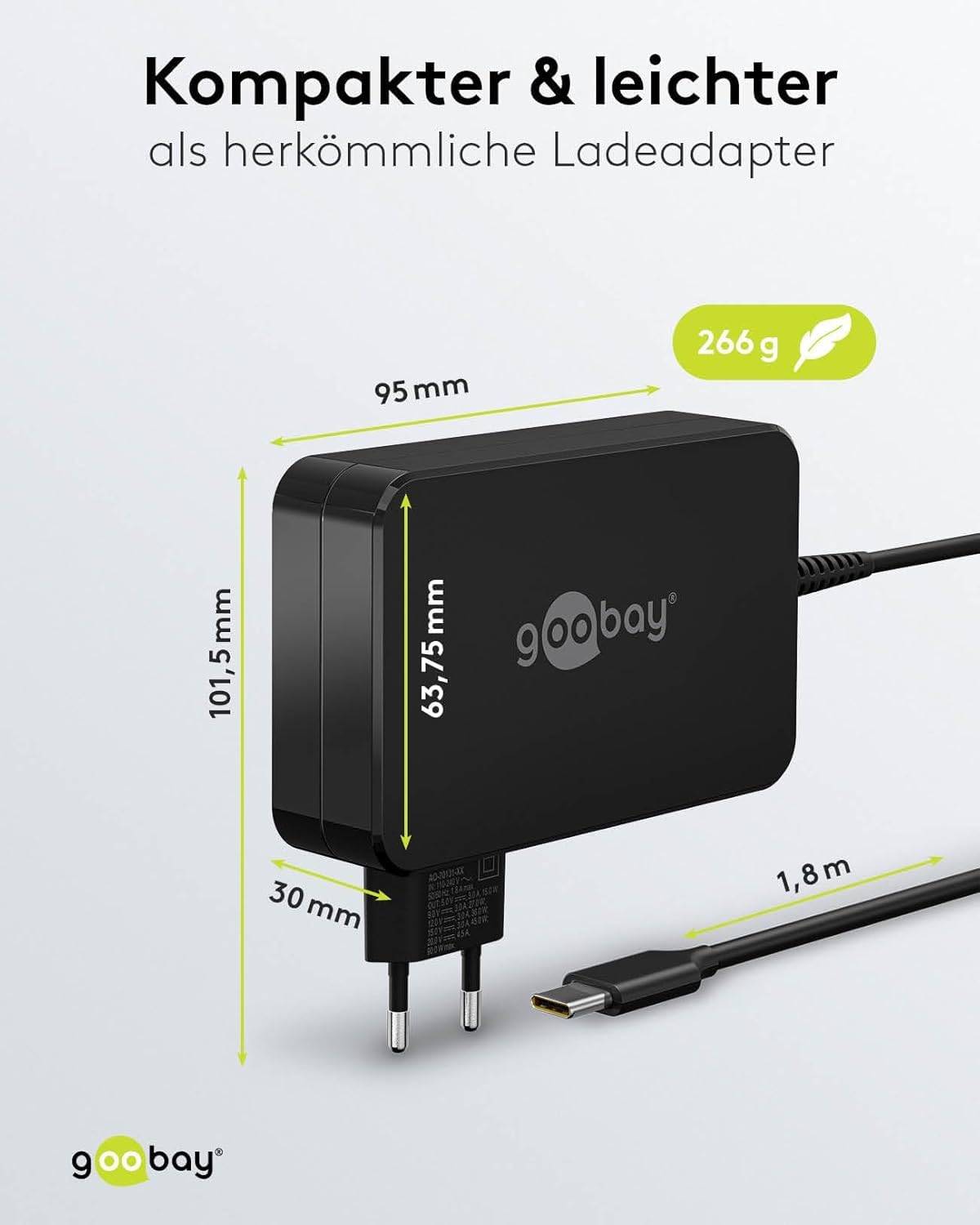 Goobay 65420 USB C Laptop Ladegerät 90W Universal Ladekabel max 20V / 4,5A Netzadapter Netzteil Steckernetzteil Schwarz-2