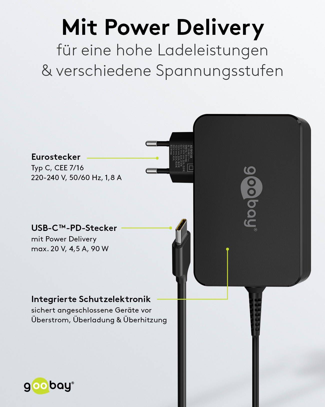 Goobay 65420 USB C Laptop Ladegerät 90W Universal Ladekabel max 20V / 4,5A Netzadapter Netzteil Steckernetzteil Schwarz-3