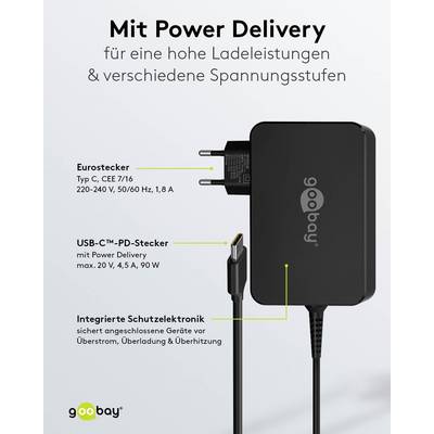 Goobay 65420 USB C Laptop Ladegerät 90W Universal Ladekabel max 20V / 4,5A Netzadapter Netzteil Steckernetzteil Schwarz-3