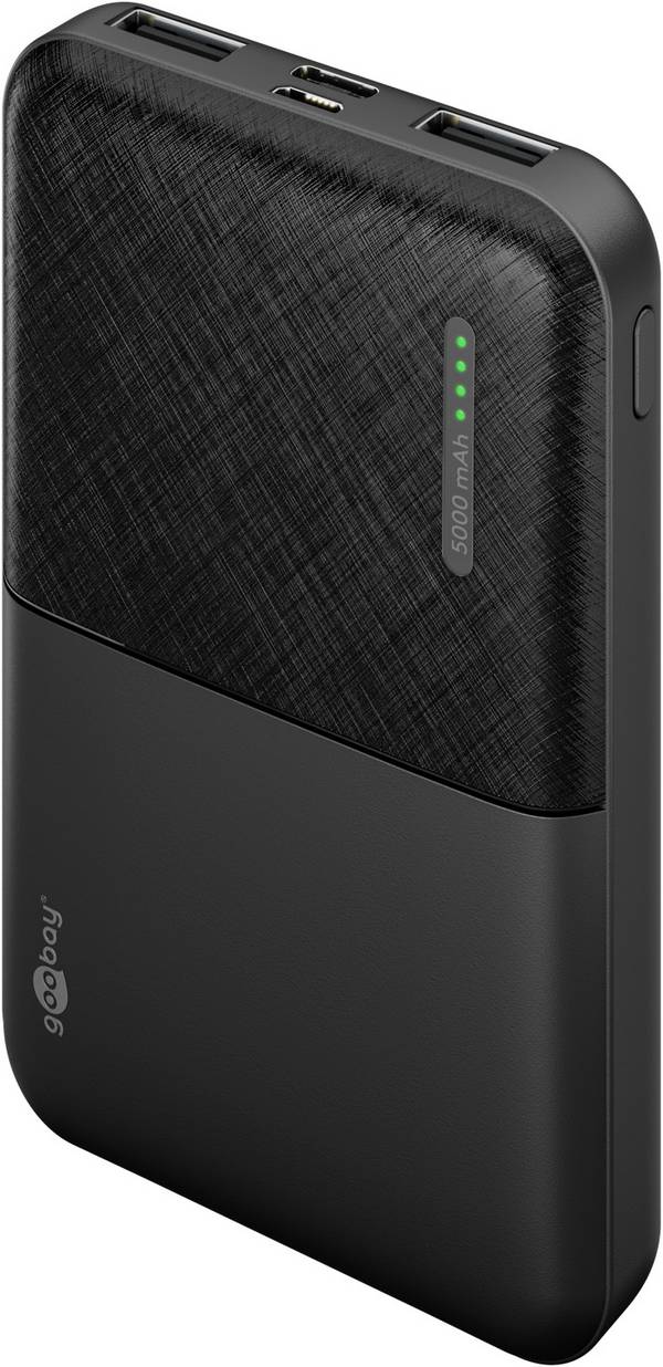 Goobay Kompakte Powerbank 5000 mAh, 2x USB-A, USB-C & Micro-USB Eingang, 10 W Ladeleistung