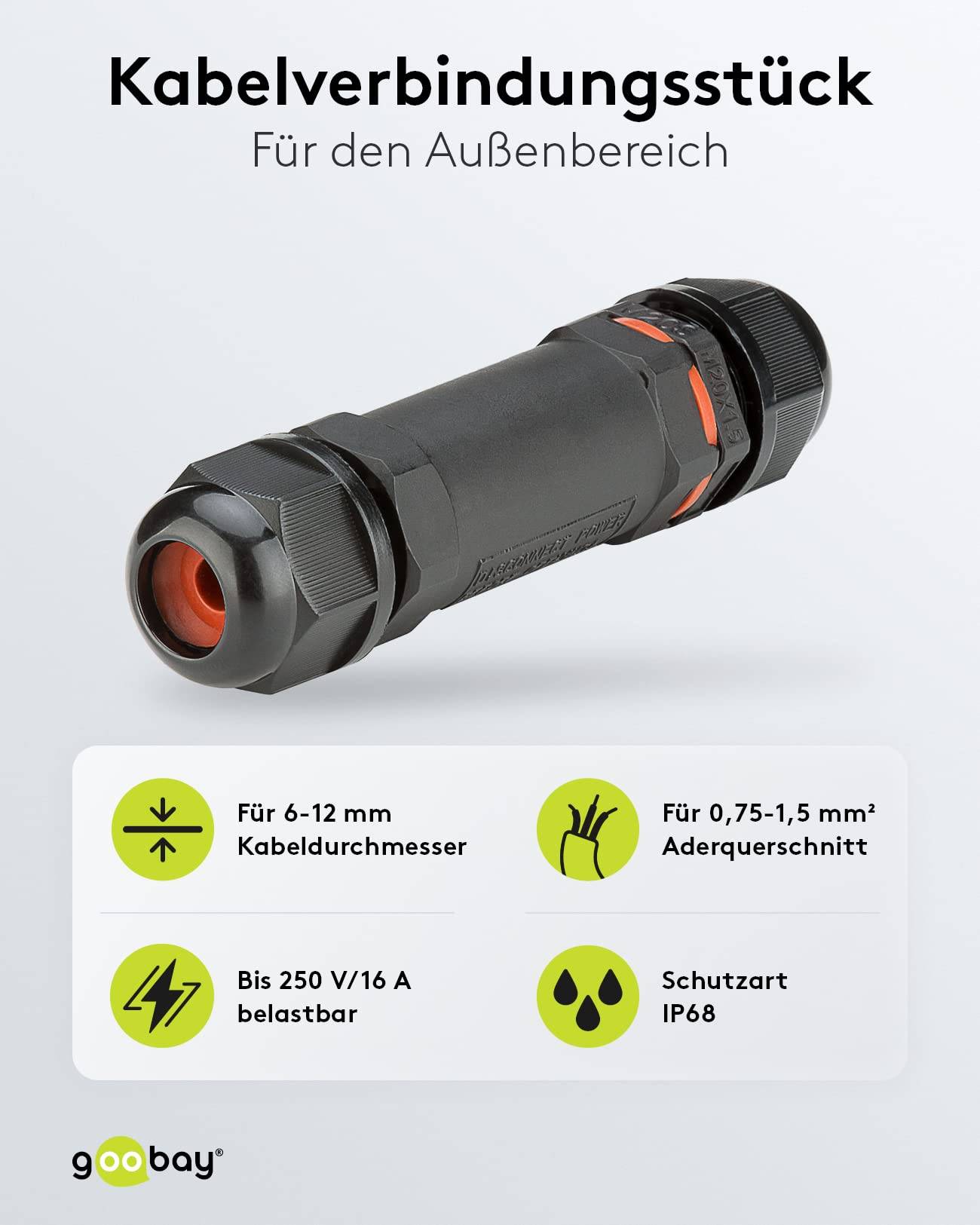 Goobay 81292 Outdoor Kabelverbinder wasserdicht IP68 Kabelmuffe 3 polig Stromkabel verbinden Verbindungsmuffe 10cm-1