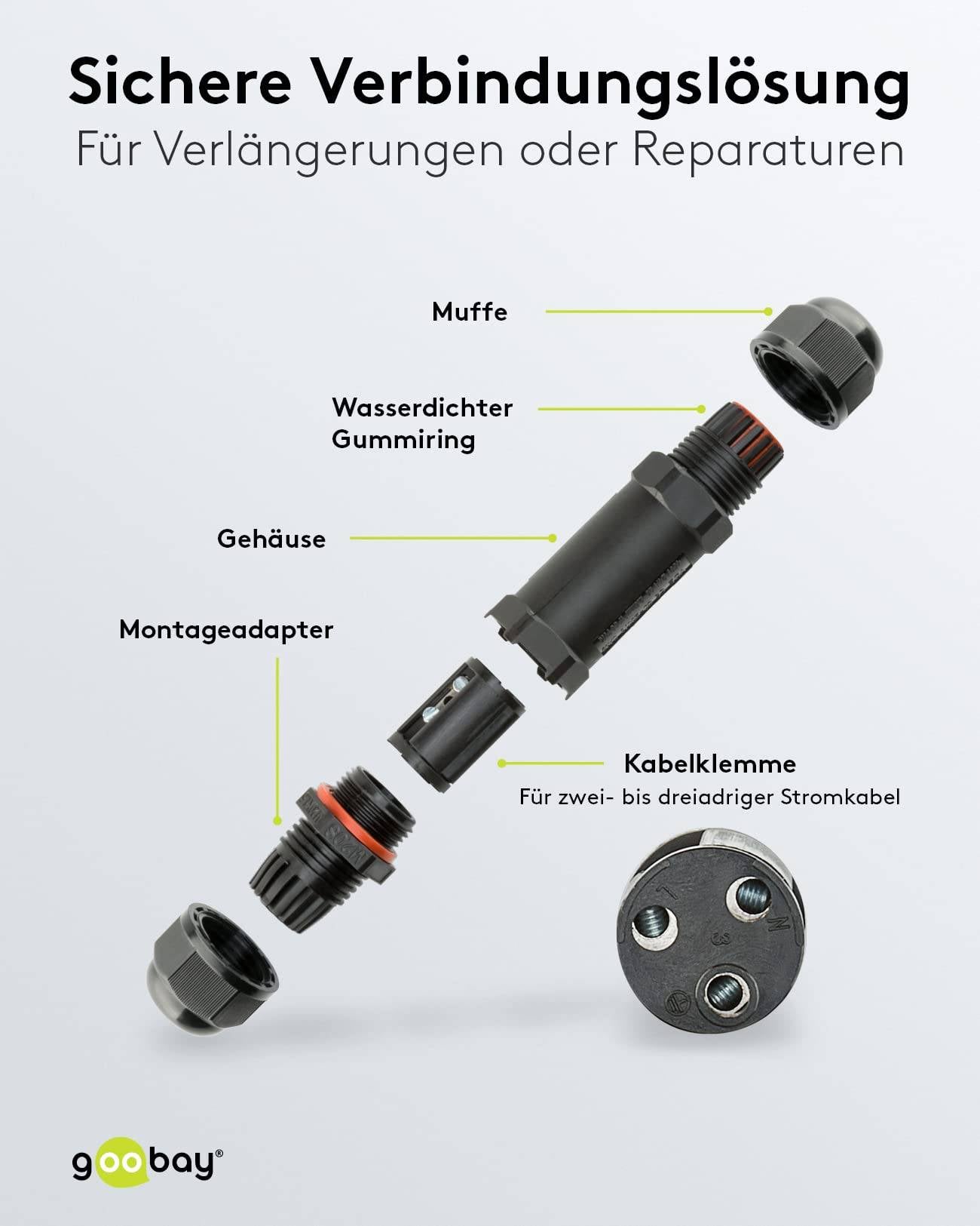 Goobay 81292 Outdoor Kabelverbinder wasserdicht IP68 Kabelmuffe 3 polig Stromkabel verbinden Verbindungsmuffe 10cm-3