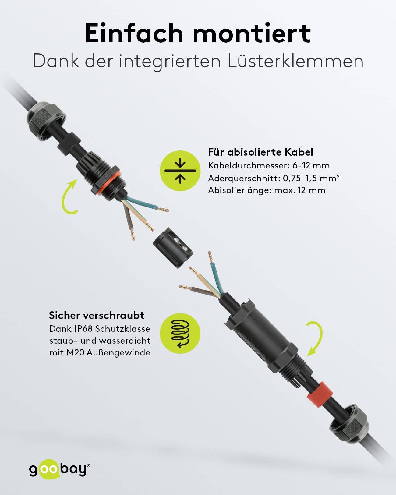 Goobay 81292 Outdoor Kabelverbinder wasserdicht IP68 Kabelmuffe 3 polig Stromkabel verbinden Verbindungsmuffe 10cm-4
