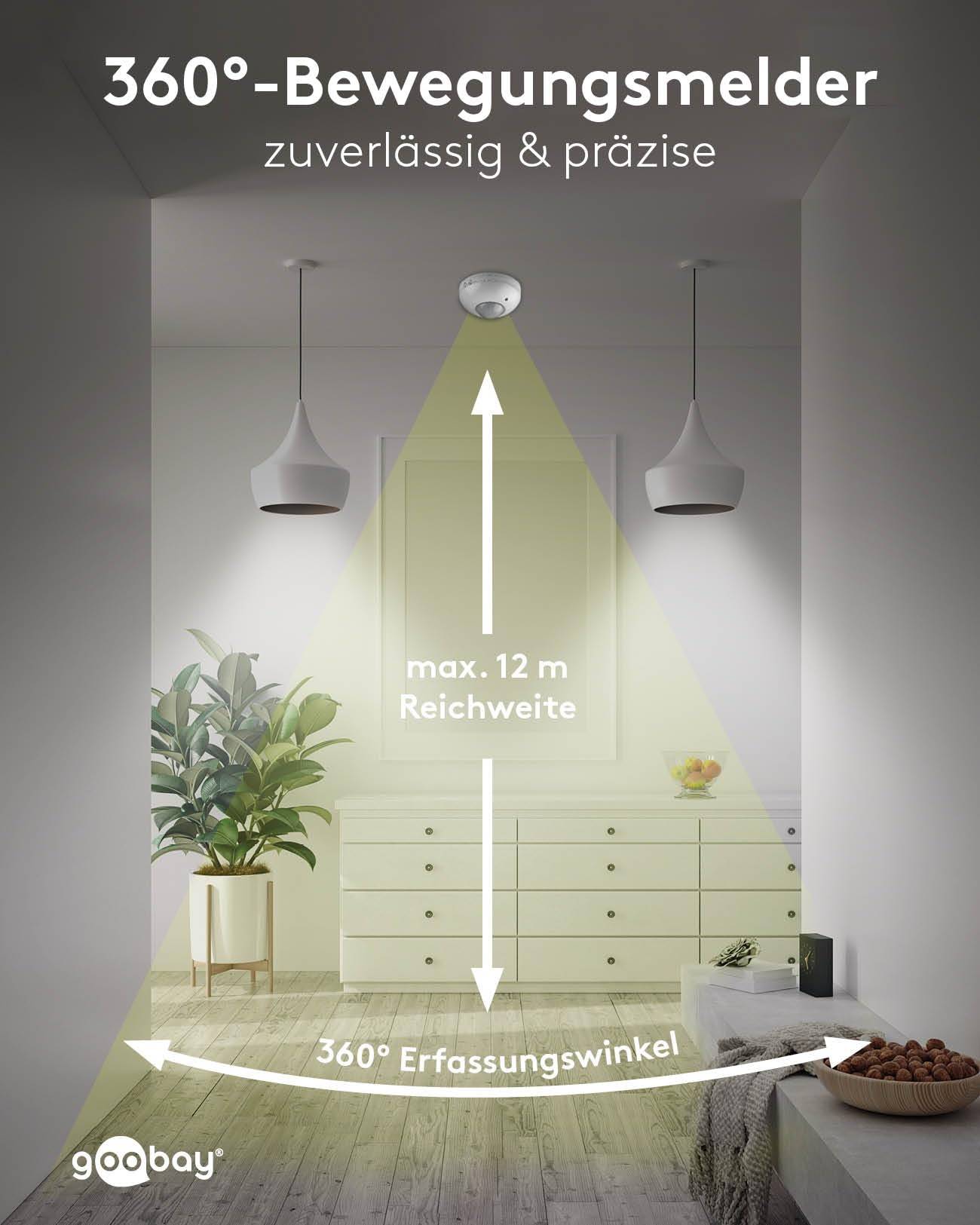Goobay 96007 Infrarot Bewegungsmelder 360° mit 3-fach PIR-Sensor für LED Deckenleuchte innen Aufputz Melder, 12 m, Weiß-5