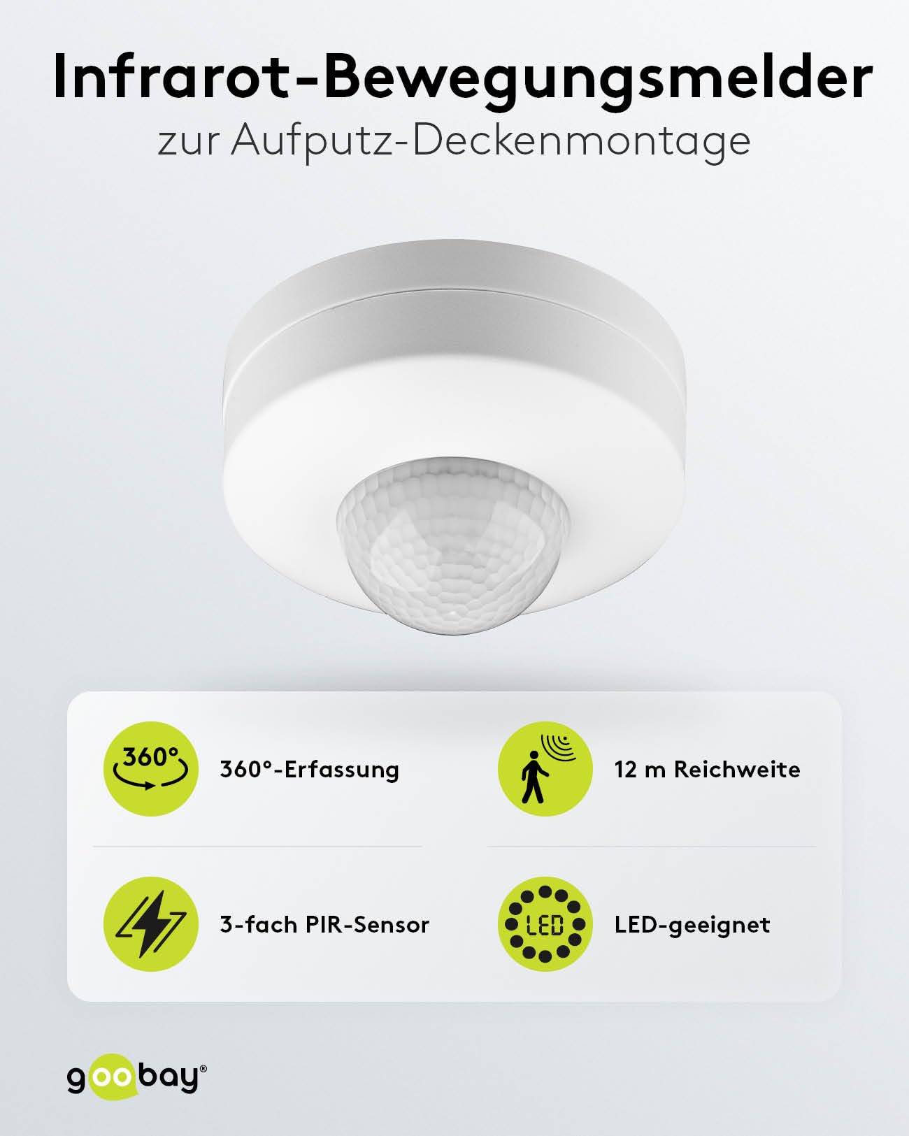 Goobay 96007 Infrarot Bewegungsmelder 360° mit 3-fach PIR-Sensor für LED Deckenleuchte innen Aufputz Melder, 12 m, Weiß-1