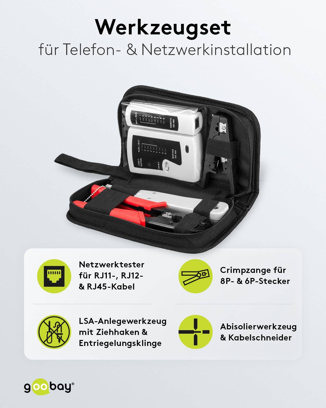 Goobay 97790 Werkzeug Set für Telefon & Netzwerk / Netzwerktester LAN Tester RJ45 - RJ11 - RJ12 - ISDN / Kabeltester LSA-1