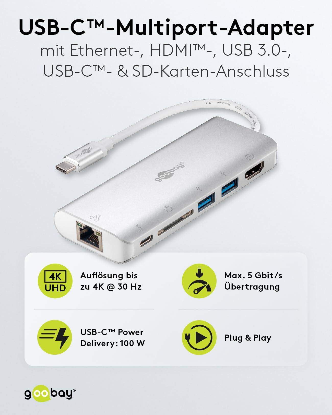 Goobay 76788 USB-C Adapter Multiport 6 Ports 4K HDMI, Power Delivery USB-C, USB-A 3.0, RJ45 Ethernet & SD Kartenleser-4