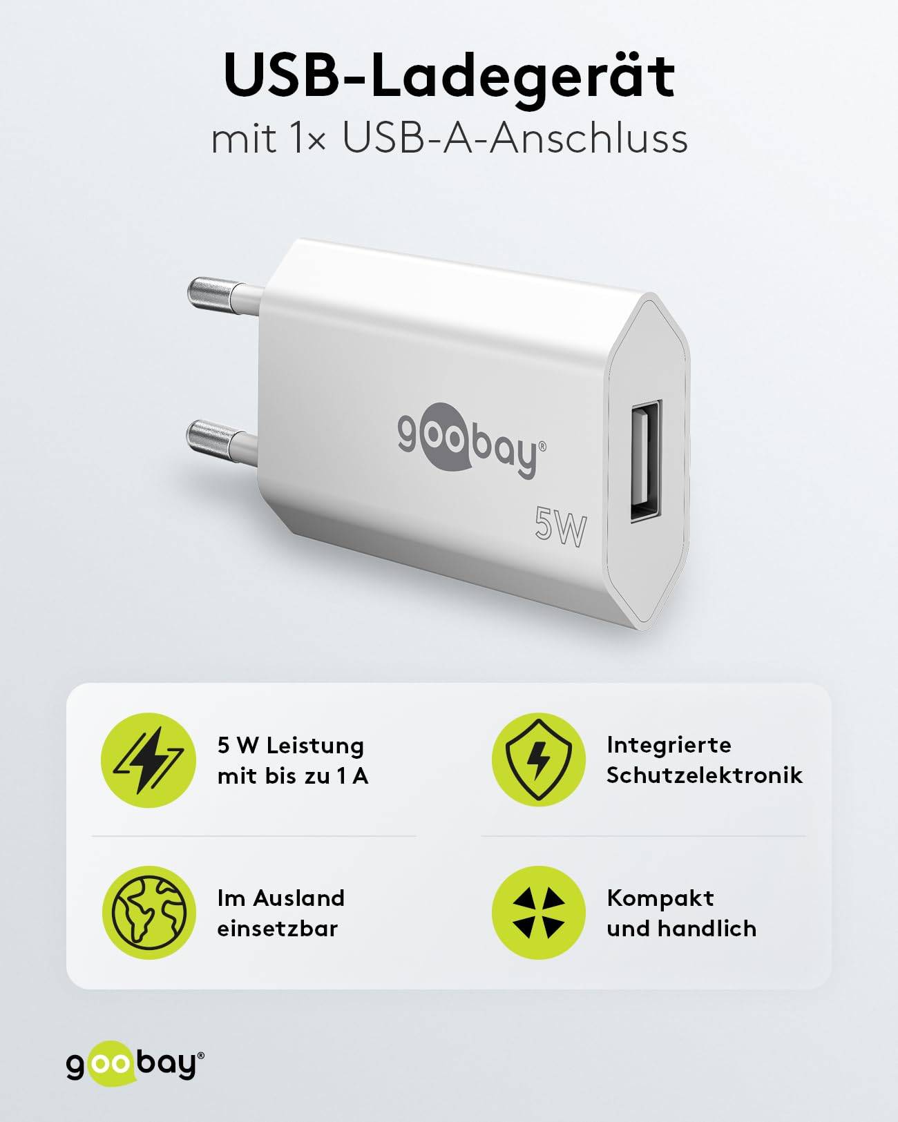 Goobay 44950 USB-A Netzteil 5W / Universal Ladegerät Apple Samsung Huawei / USB A Adapter / 1 Port Ladestecker / Weiß-1