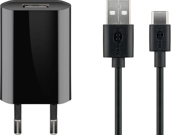 Goobay 45293 USB-A Netzteil 5W / USB-C Ladekabel / Universal Ladegerät 1 Port / USB Adapter 5V 1A / Schwarz / Kabel 1m