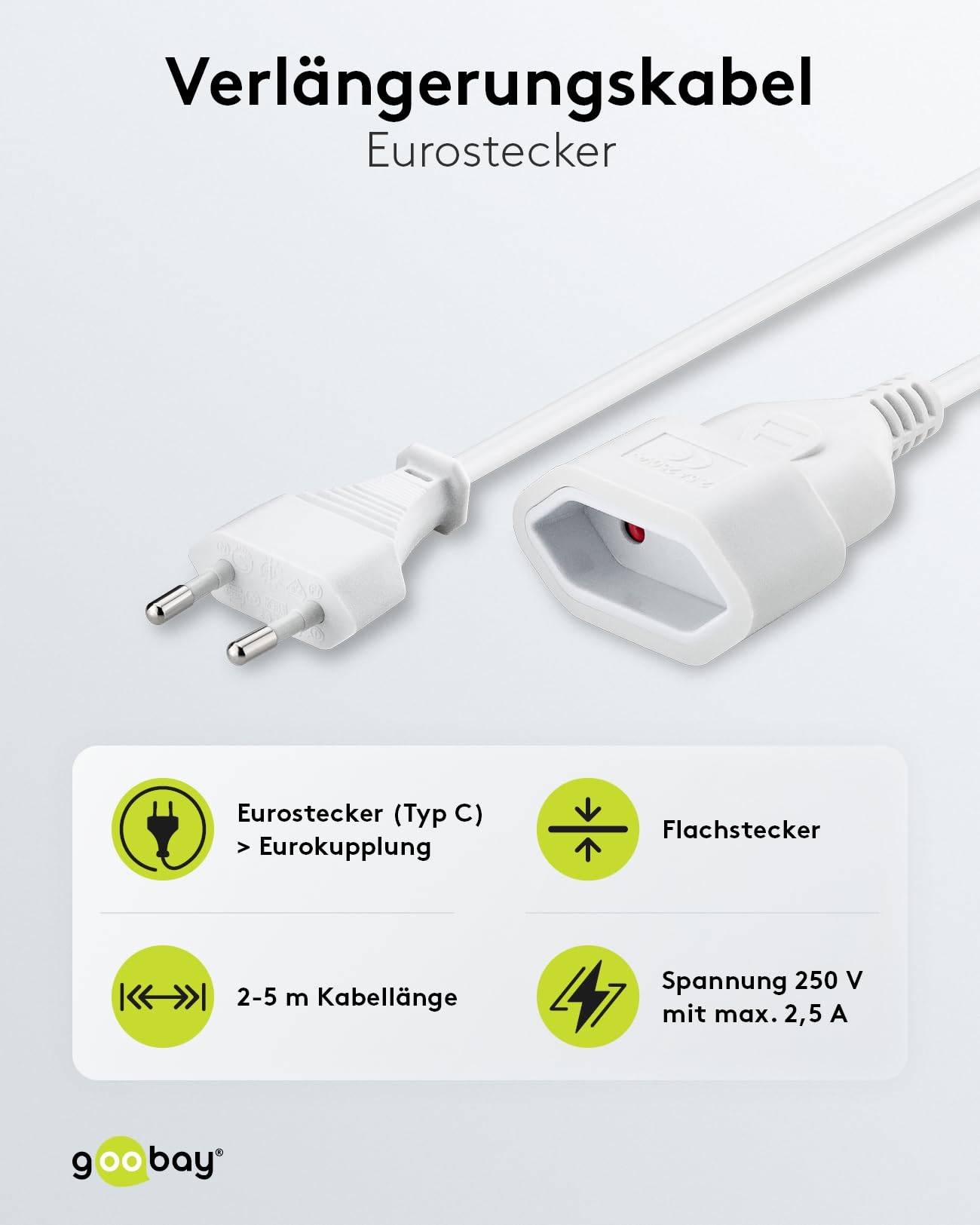 Goobay 51356 Euro Netzkabel Verlängerung 2 polig Stromkabel Eurostecker Typ C Eurokabel Verlängerungskabel Weiß 2m-2