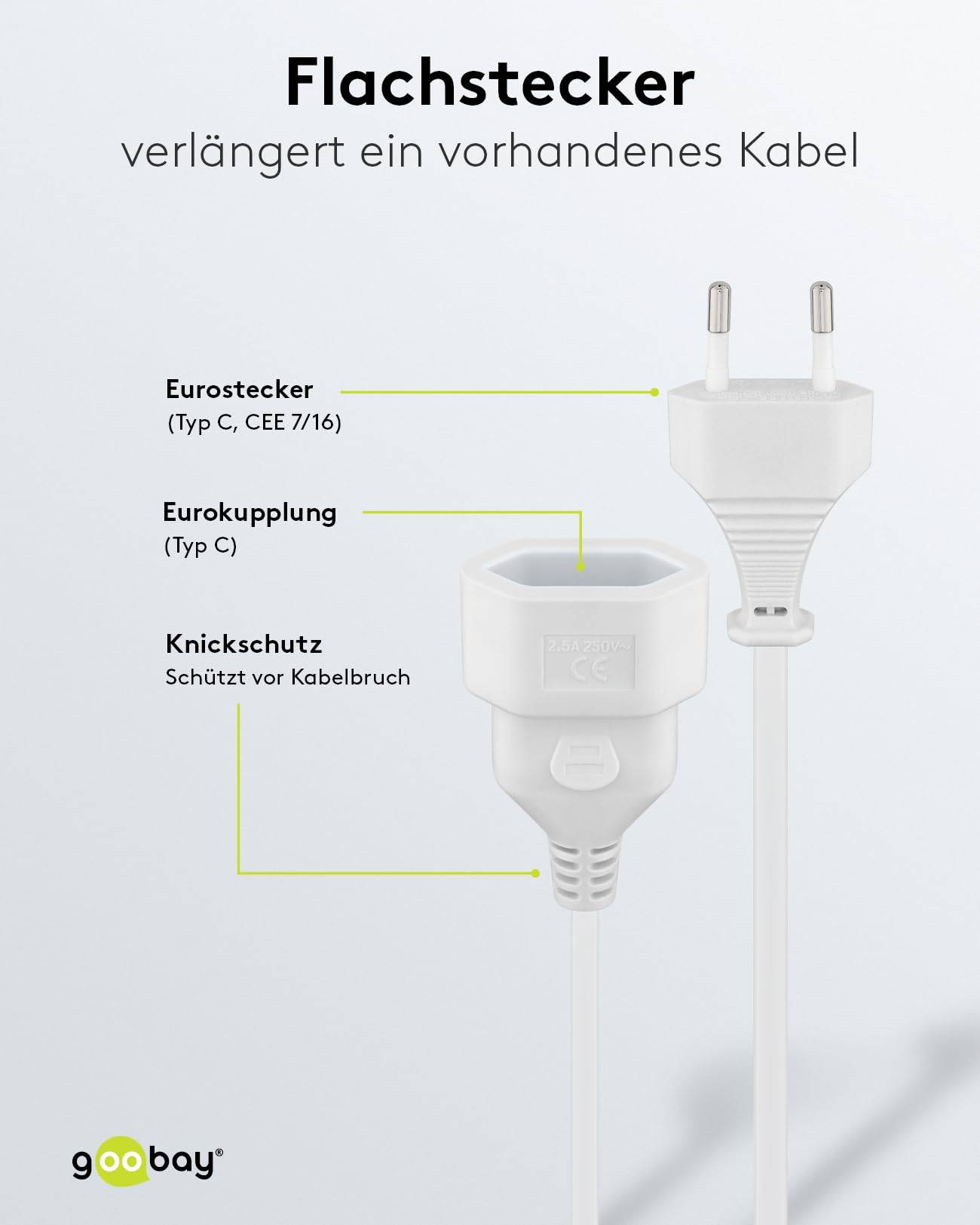 Goobay 51356 Euro Netzkabel Verlängerung 2 polig Stromkabel Eurostecker Typ C Eurokabel Verlängerungskabel Weiß 2m-3
