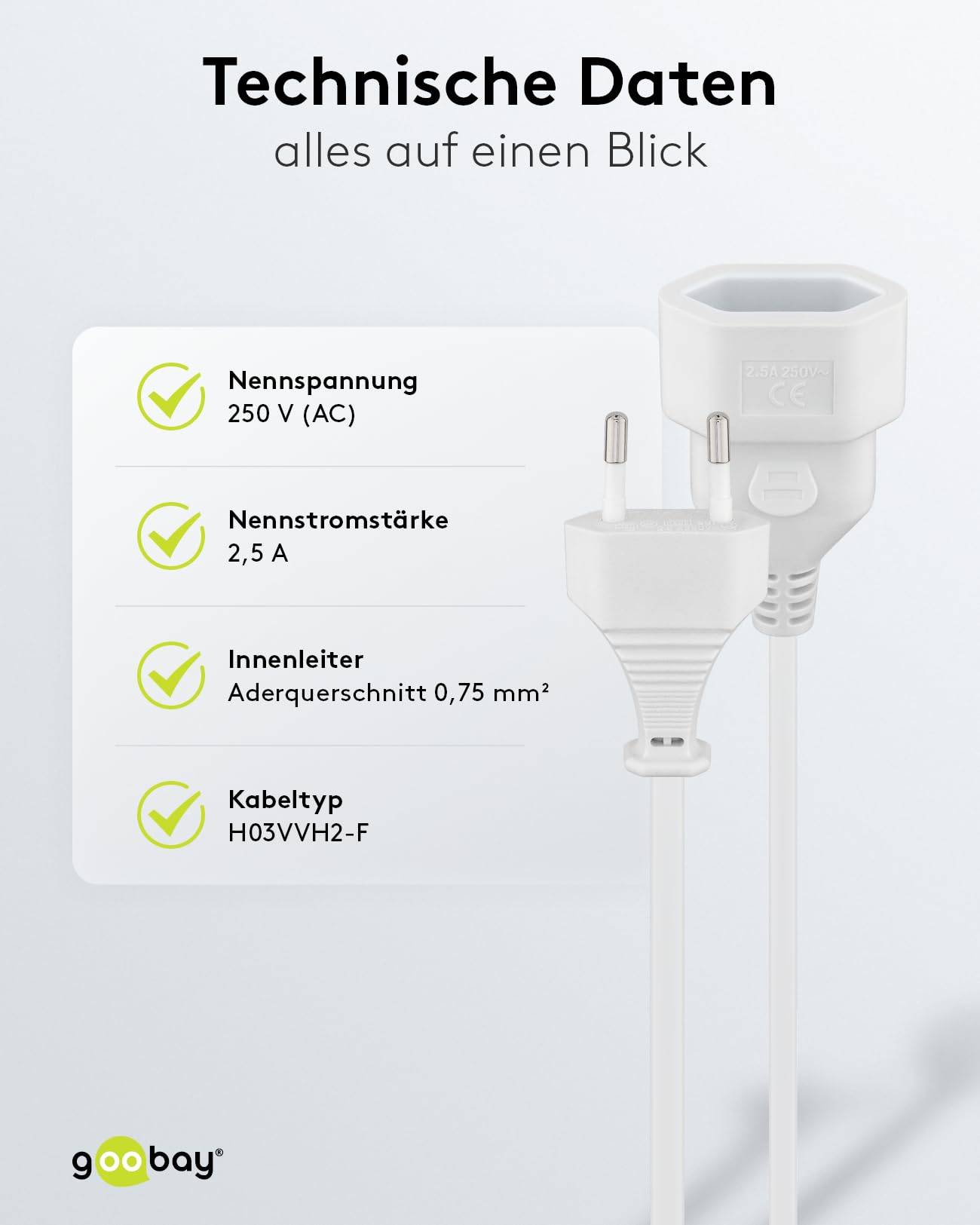 Goobay 51356 Euro Netzkabel Verlängerung 2 polig Stromkabel Eurostecker Typ C Eurokabel Verlängerungskabel Weiß 2m-4
