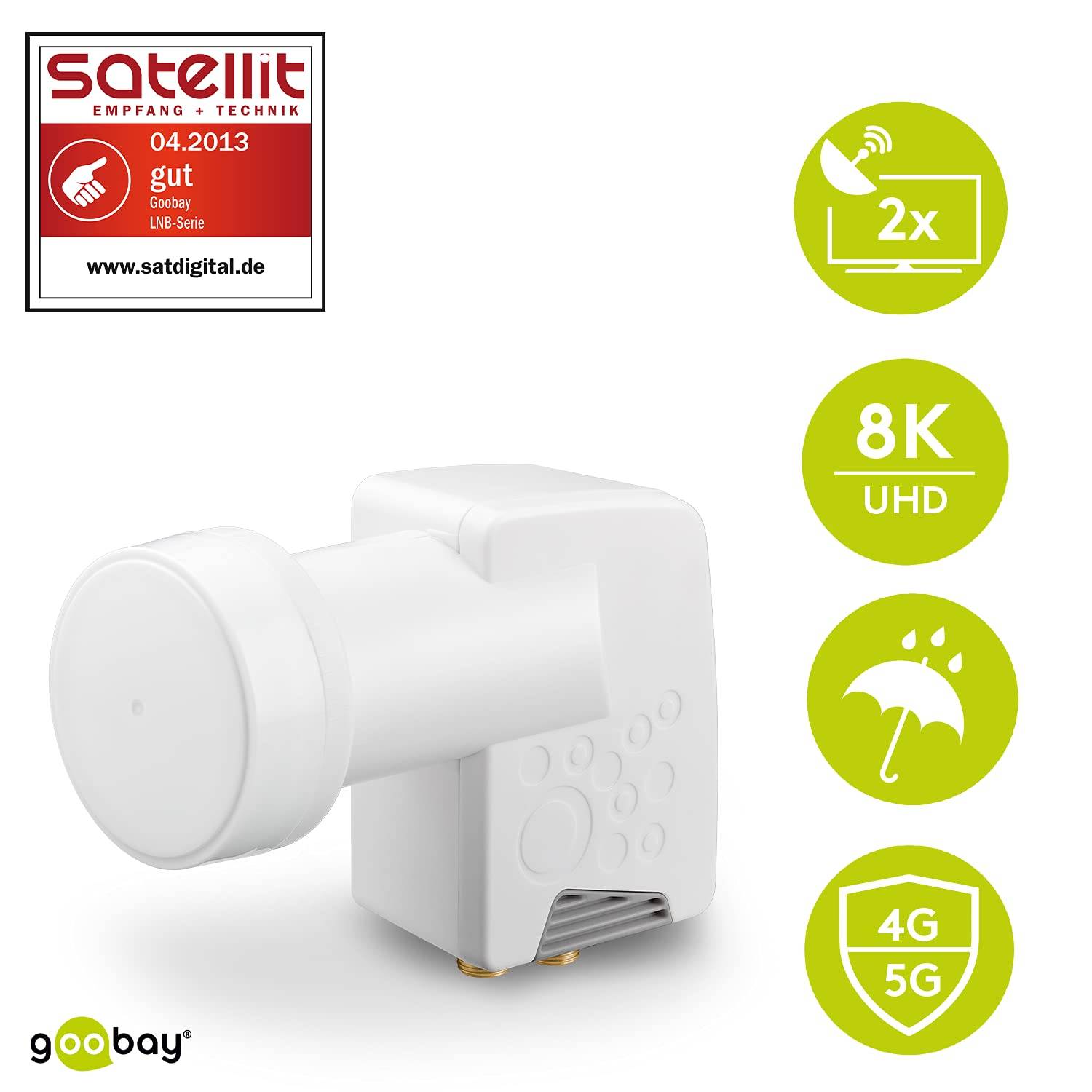 Goobay 67270 Universal Twin LNB für 2x Teilnehmer UHD 8K vergoldete F-Buchsen wasserdicht SAT LNB digital DVB-S2 & DVB-S-1