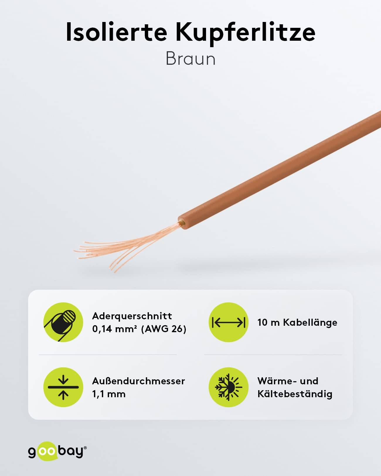 Goobay 55040 Kupferlitze 1adrig isoliert Kupferkabel mehrdrähtig Klingeldraht 18x0,1mm AWG 26 Litze Kabellitze Braun 10m-2