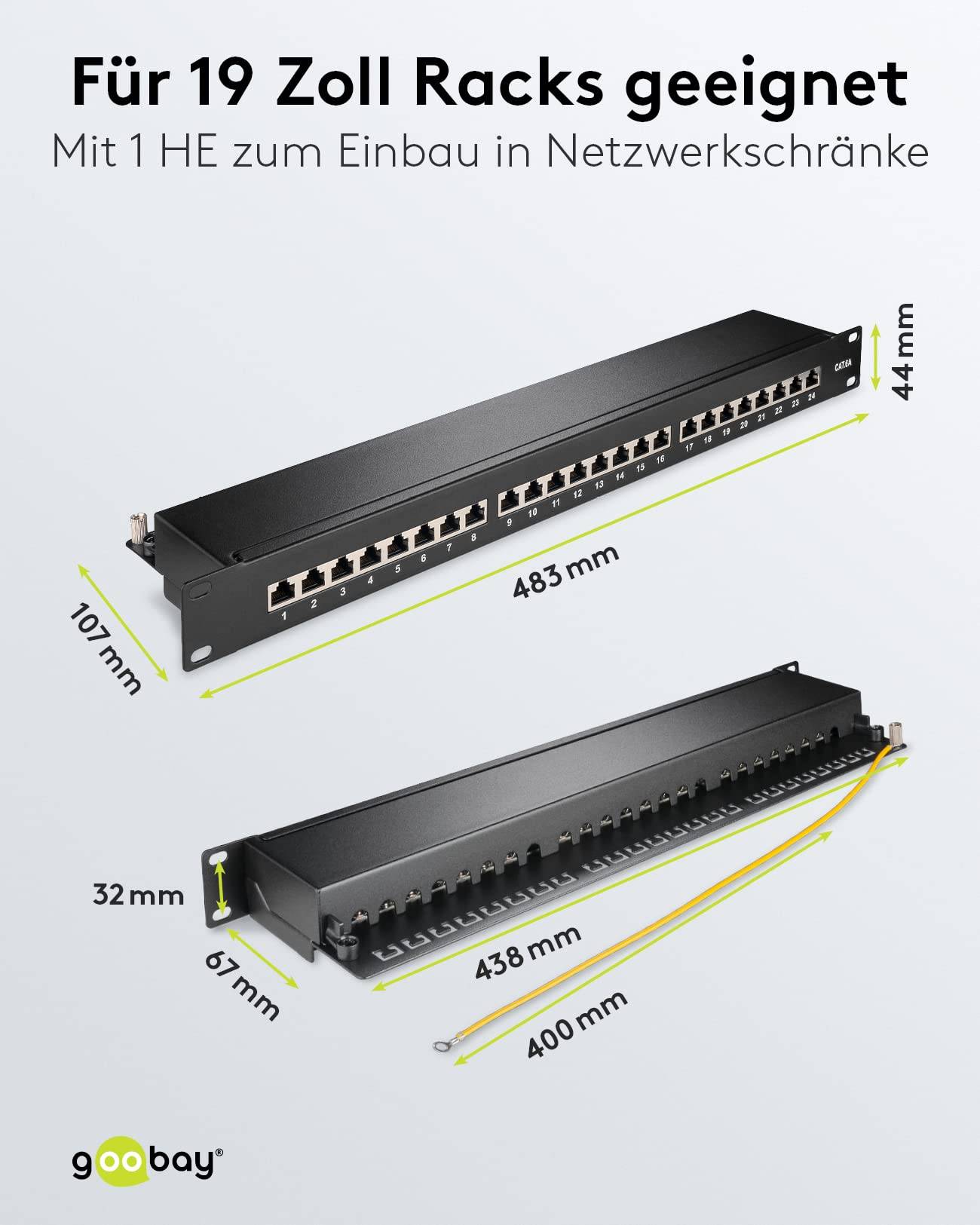 Goobay 90854 CAT 6A Patch Panel 24 Port 19 Zoll 1 HE RJ45 Buchsen Netzwerkkabel 500 MHz Patchfeld Verteilerfeld Schwarz-2