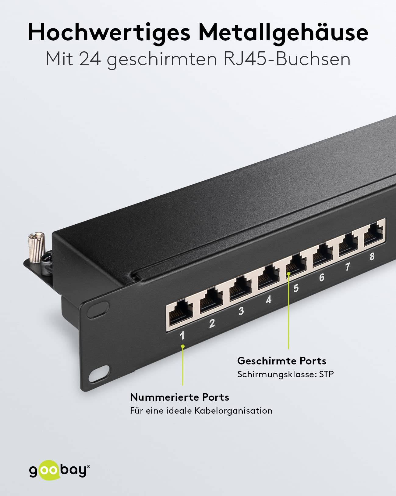 Goobay 90854 CAT 6A Patch Panel 24 Port 19 Zoll 1 HE RJ45 Buchsen Netzwerkkabel 500 MHz Patchfeld Verteilerfeld Schwarz-3
