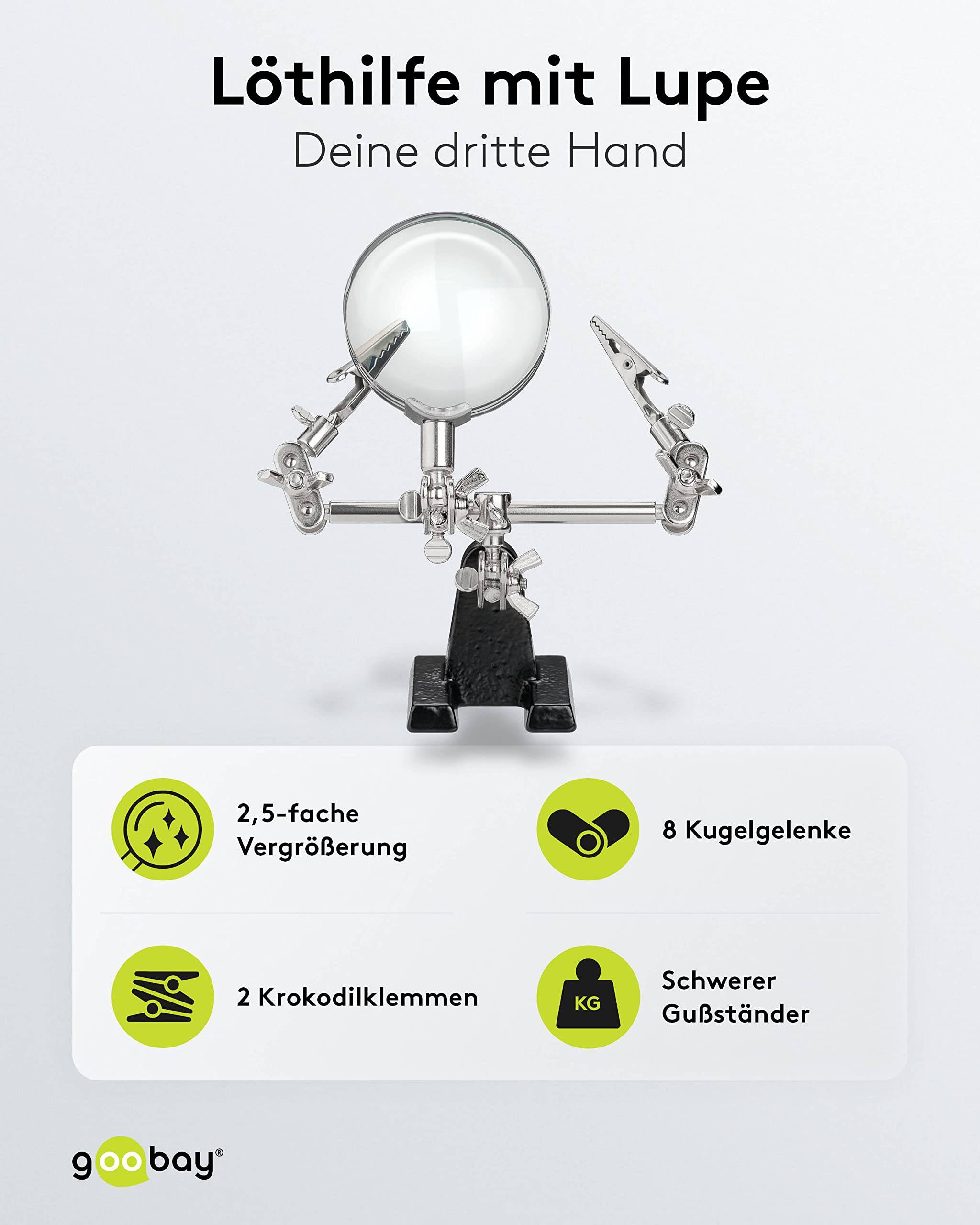 Goobay 51199 Dritte Hand mit 2,5 fach Lupe Löthalterung als Löthilfe Helfende Hände Platinenhalter mit Krokodilklemmen-1