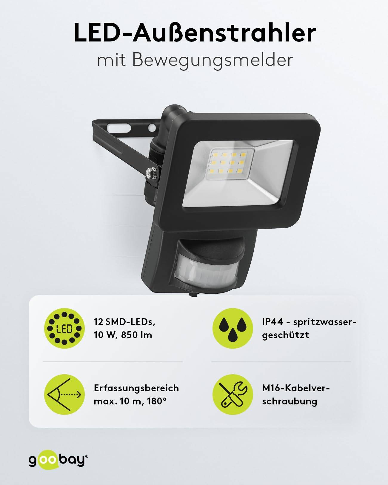 Goobay 53877 LED Außenstrahler Bewegungsmelder 10W / PIR Sensor / 850lm Neutralweiß Scheinwerfer Außenleuchte / Schwarz-1