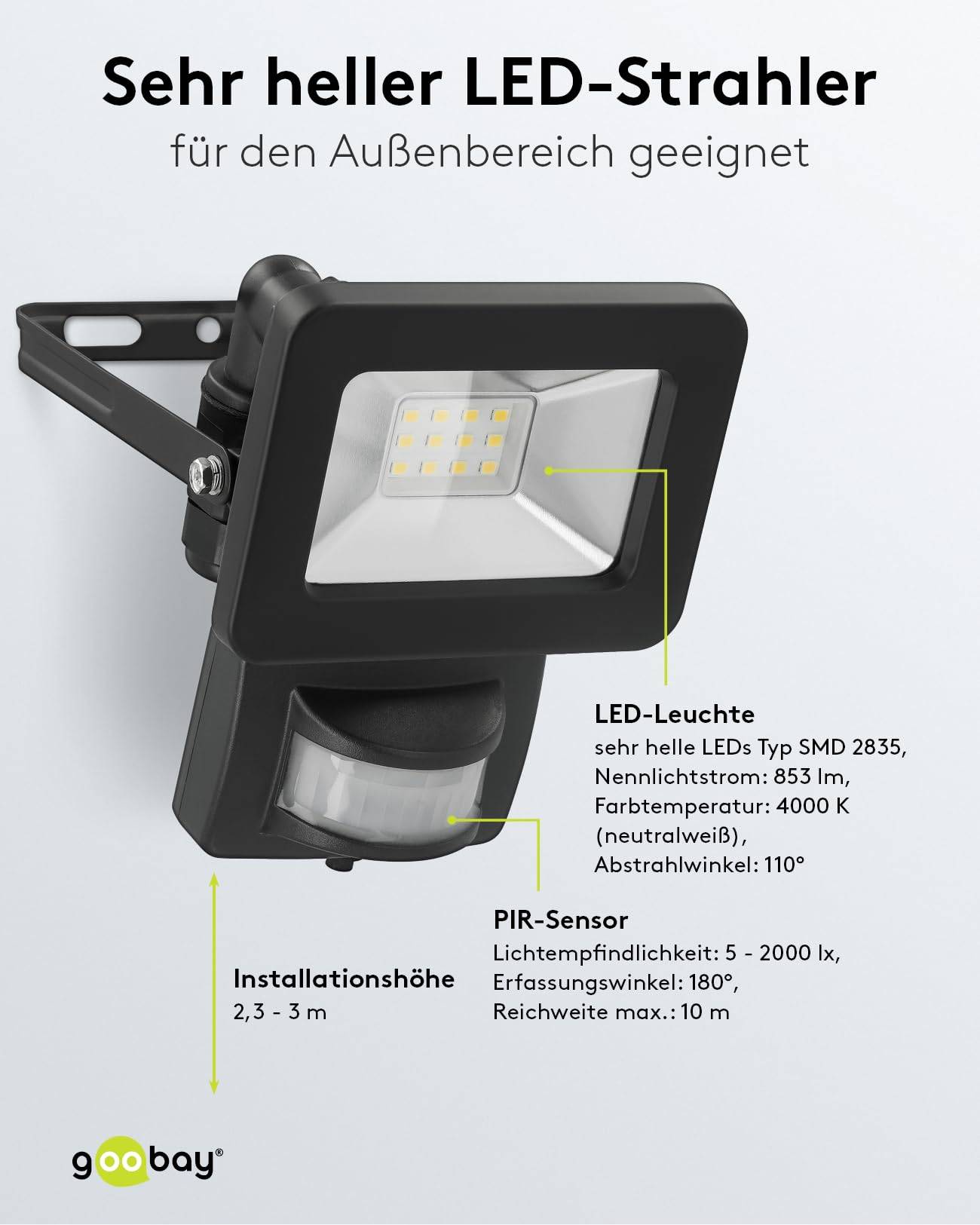 Goobay 53877 LED Außenstrahler Bewegungsmelder 10W / PIR Sensor / 850lm Neutralweiß Scheinwerfer Außenleuchte / Schwarz-3