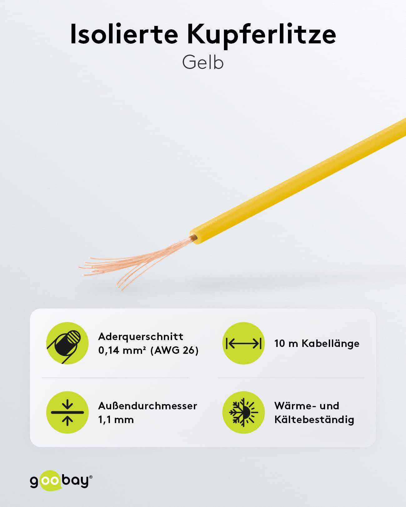 Goobay 55041 Kupferlitze 1adrig isoliert Kupferkabel mehrdrähtig Klingeldraht 18x 0,1mm AWG 26 Litze Kabellitze Gelb 10m-2