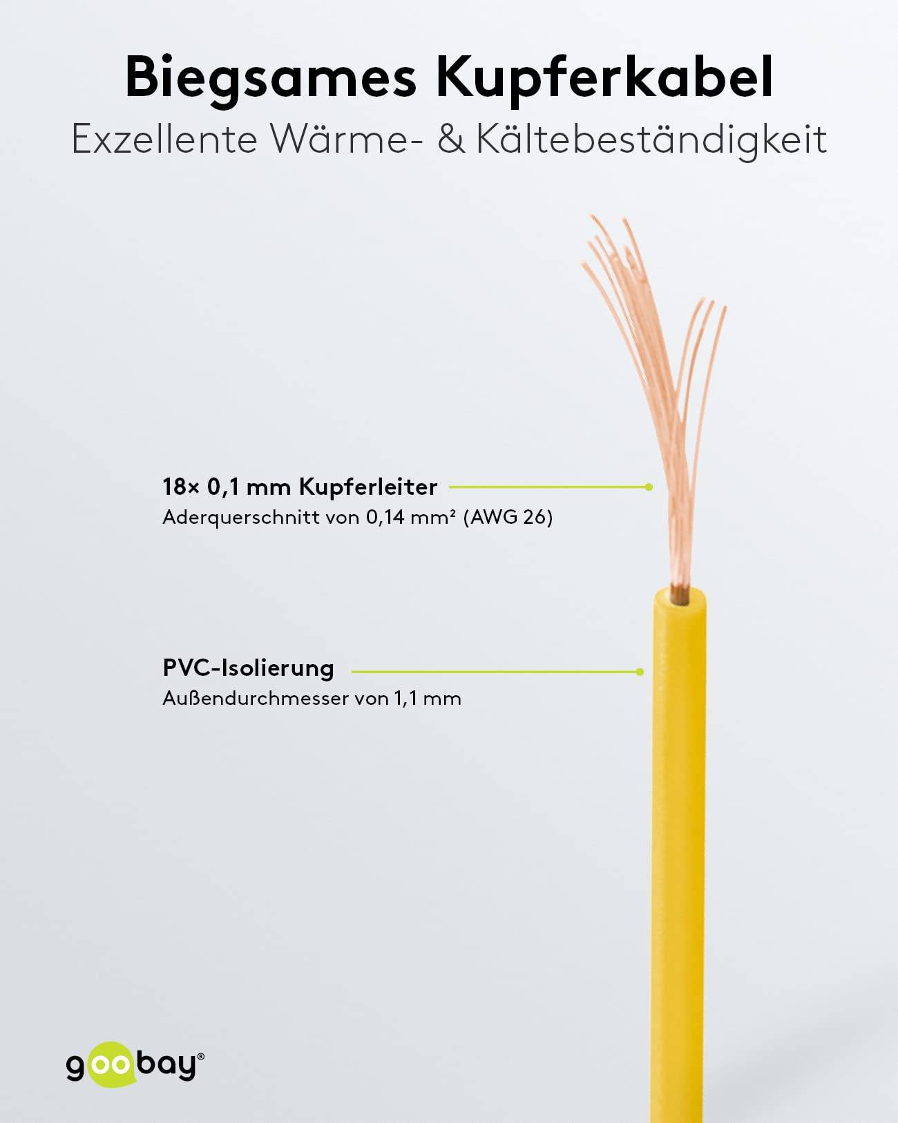 Goobay 55041 Kupferlitze 1adrig isoliert Kupferkabel mehrdrähtig Klingeldraht 18x 0,1mm AWG 26 Litze Kabellitze Gelb 10m-4