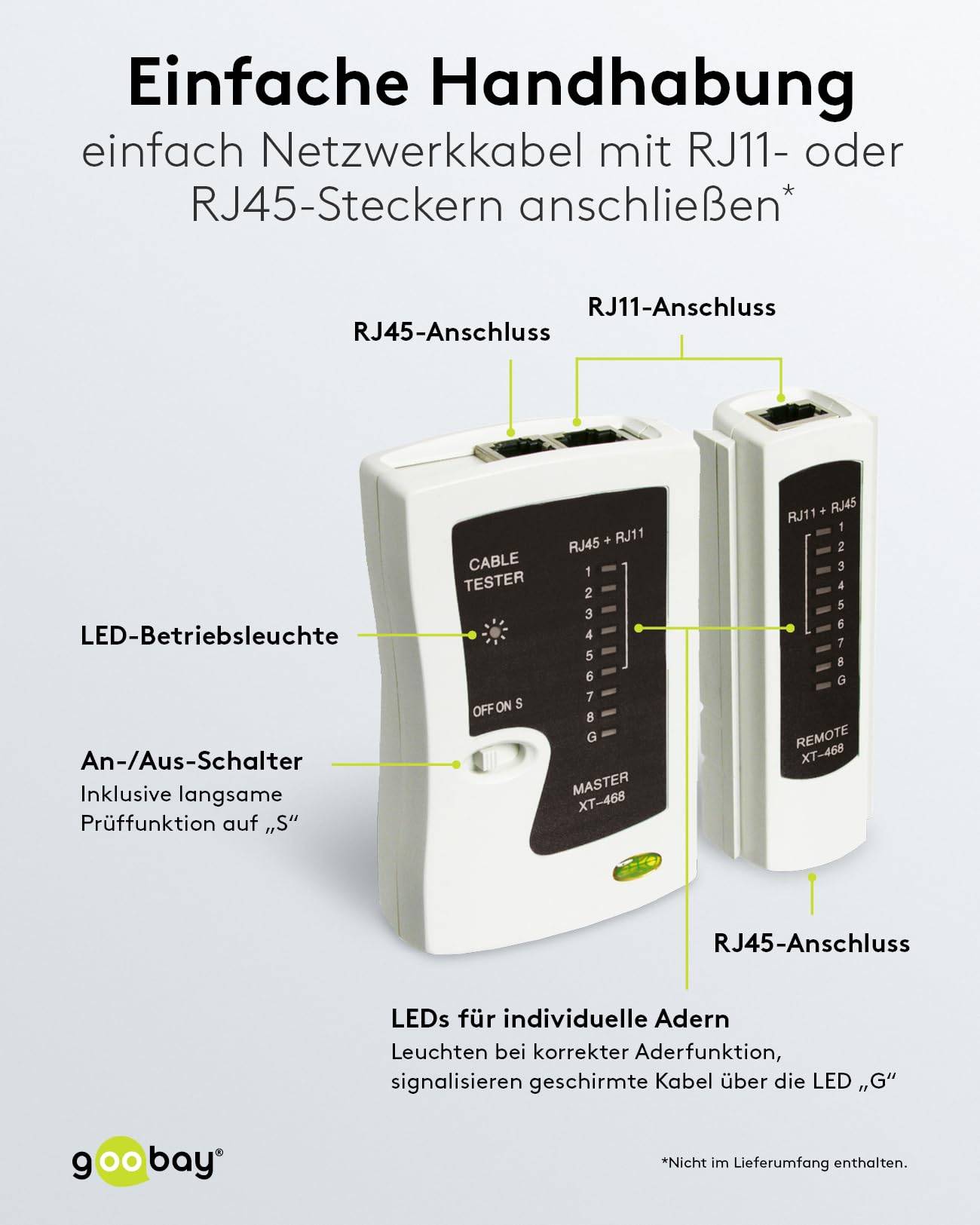 Goobay 68856 Netzwerktester LAN Tester / Leitungstester RJ45 - RJ11 - RJ12 - ISDN - CAT5 - CAT6 / Netzwerk Kabeltester-3