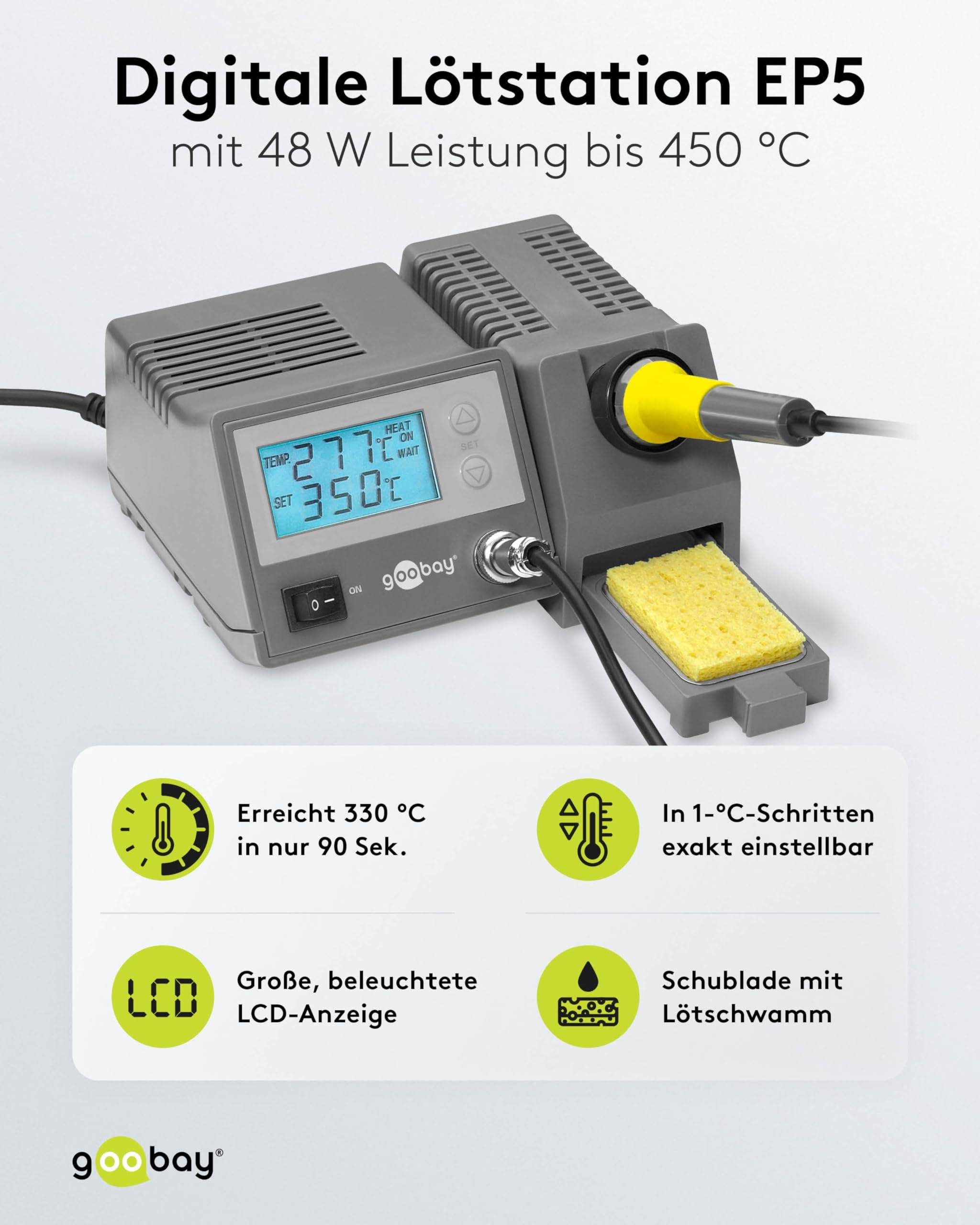 Goobay 51098 Digitale Lötstation 48 W, Lötstation Set mit LCD-Display und Kolben, 150–450 °C, schneller Spitzenwechsel-1