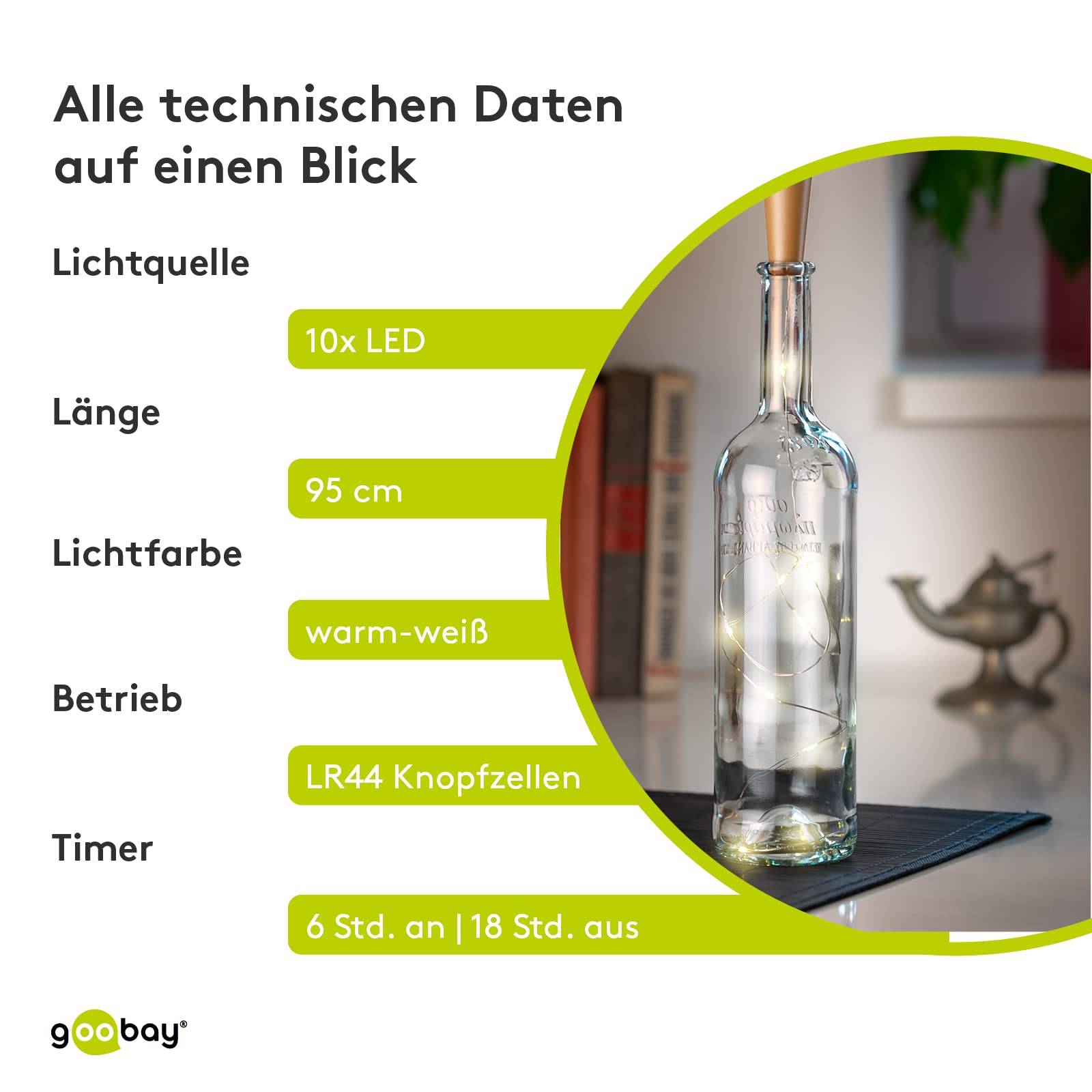 Goobay 57866 Flaschenlichterkette mit Korken 10 warmweiße LED, 5 lm Drahtlichterkette mit Timer, Batterie, 3er Pack-5