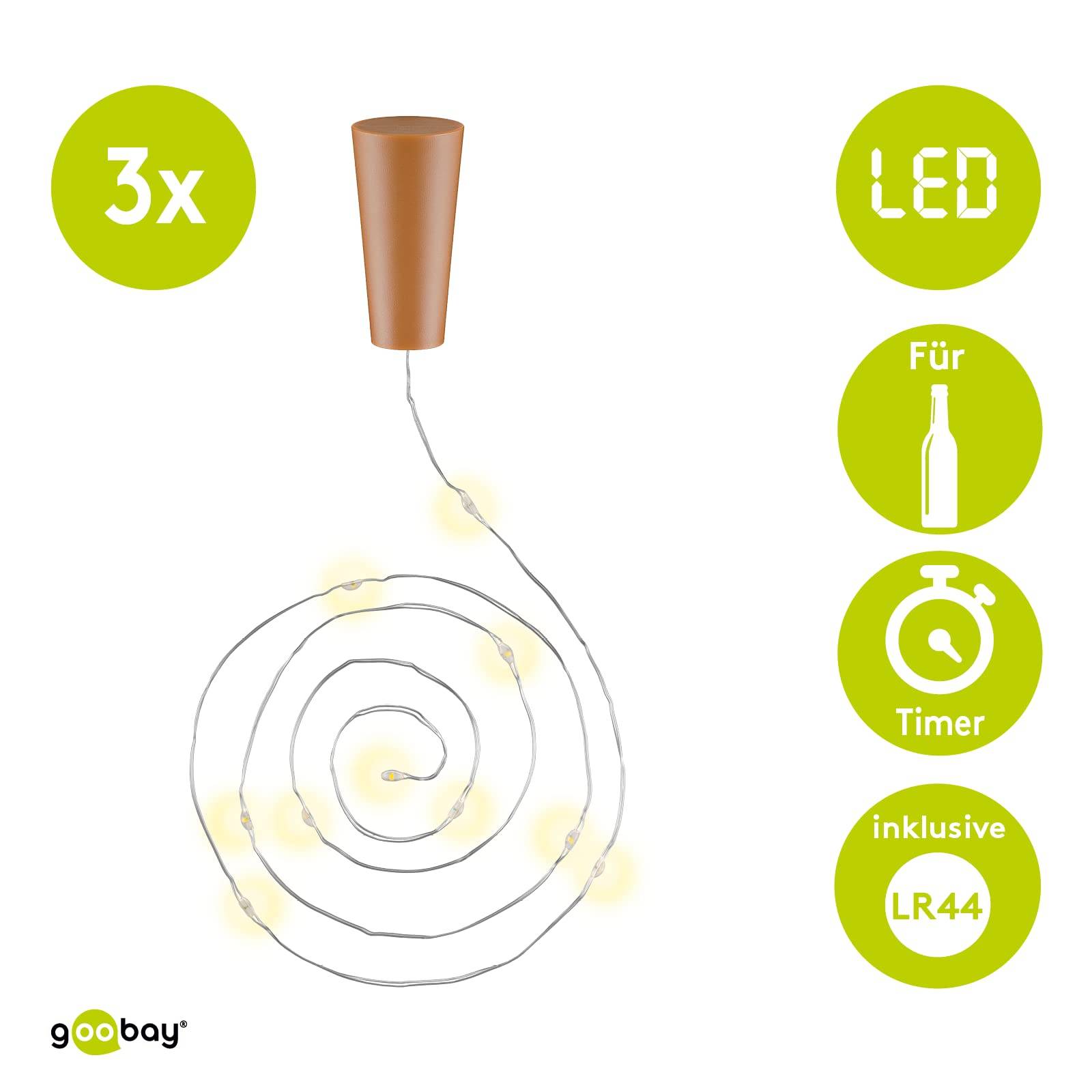 Goobay 57866 Flaschenlichterkette mit Korken 10 warmweiße LED, 5 lm Drahtlichterkette mit Timer, Batterie, 3er Pack-1