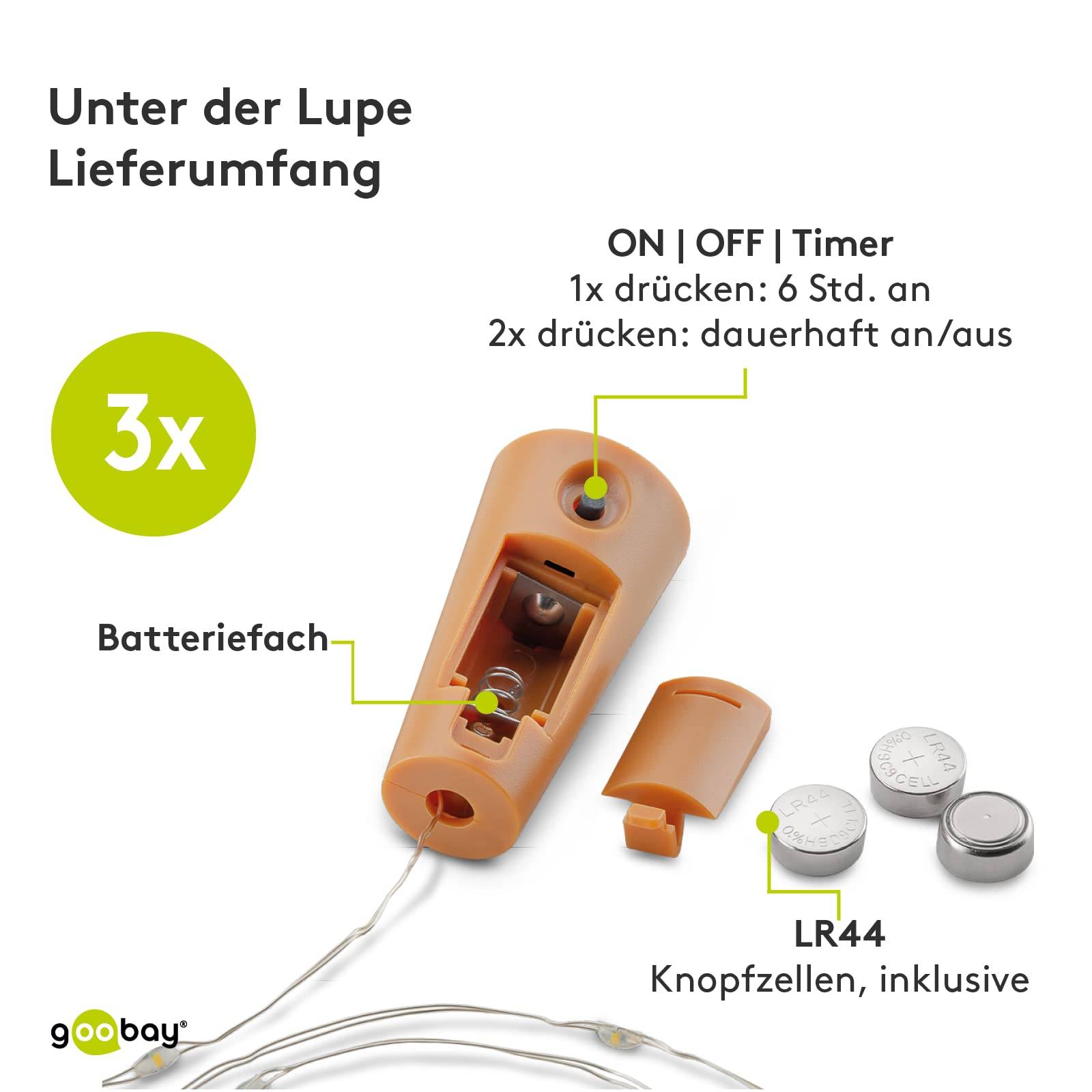Goobay 57866 Flaschenlichterkette mit Korken 10 warmweiße LED, 5 lm Drahtlichterkette mit Timer, Batterie, 3er Pack-3