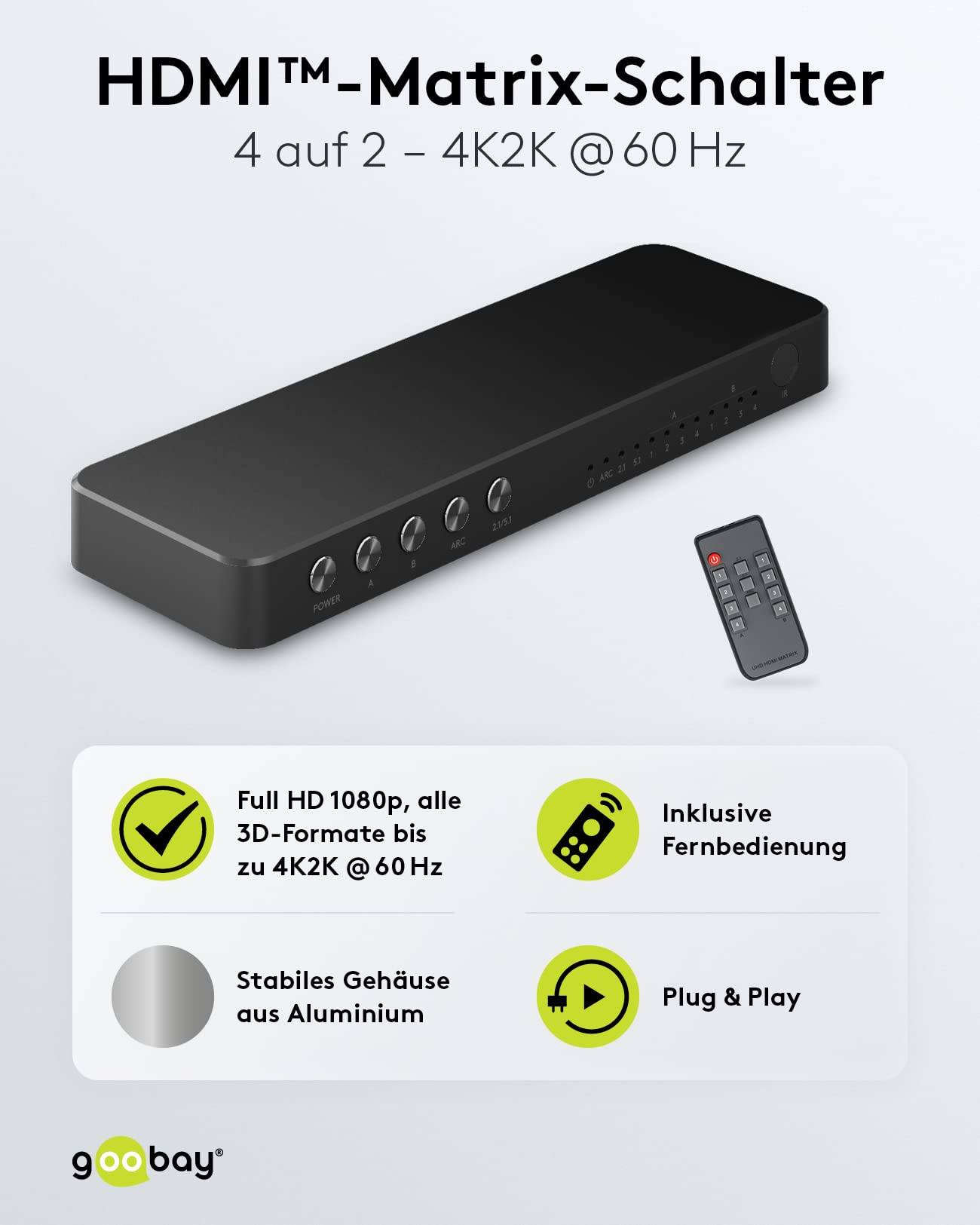 Goobay 58479 Matrix HDMI Umschalter 4 in 2 out Fernbedienung Switch 4K @ 60Hz 18 Gbit/s Toslink & 3,5 Klinke Umschaltbox-6