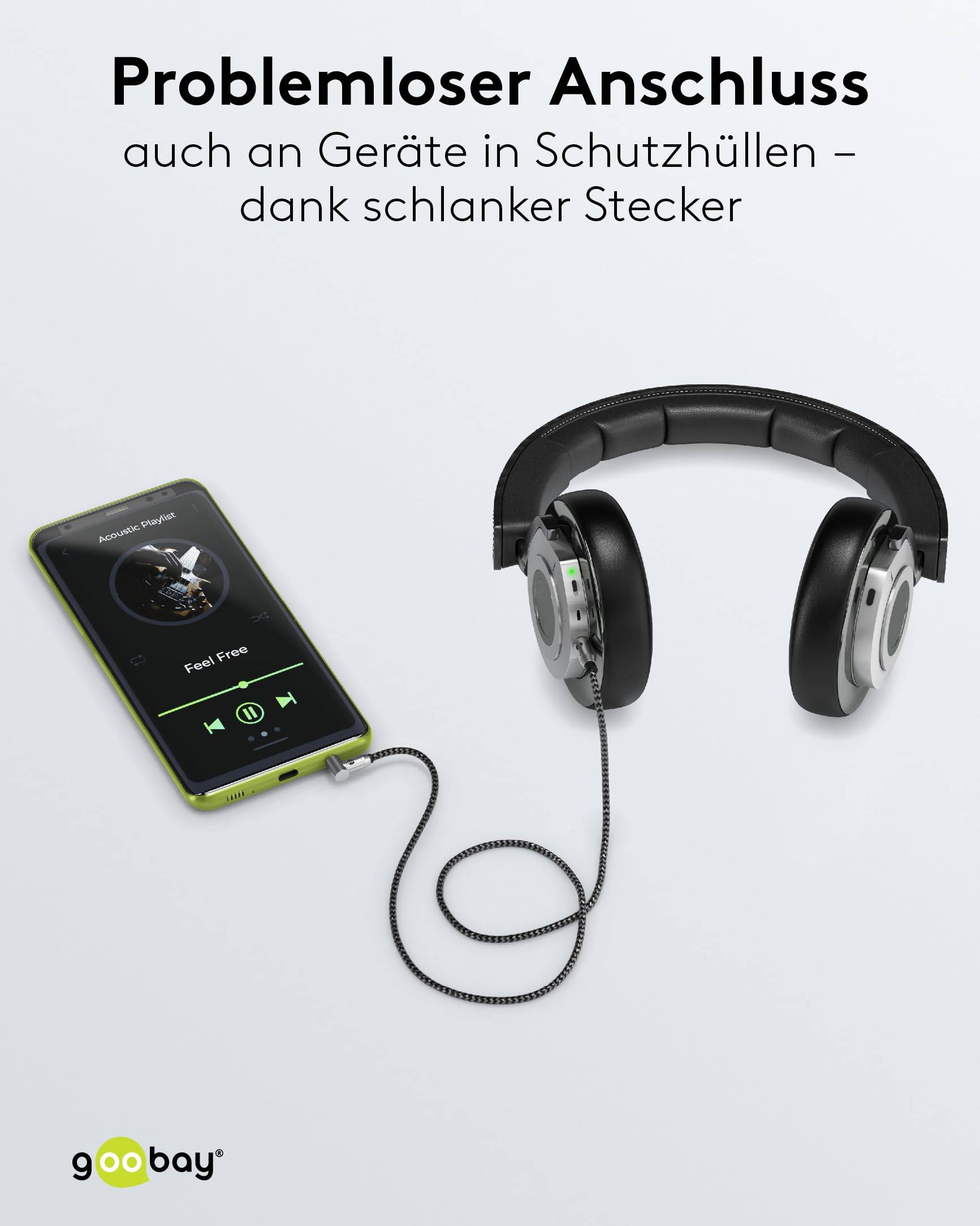 Goobay Plus 65283 AUX Kabel 3,5 mm Klinkenstecker / 90 Grad Klinke / Klinkenkabel / Textilkabel Shark Skin Grau / 5m-6