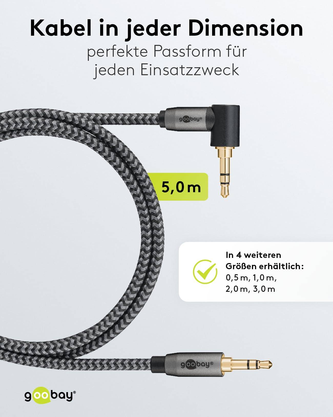 Goobay Plus 65283 AUX Kabel 3,5 mm Klinkenstecker / 90 Grad Klinke / Klinkenkabel / Textilkabel Shark Skin Grau / 5m-4