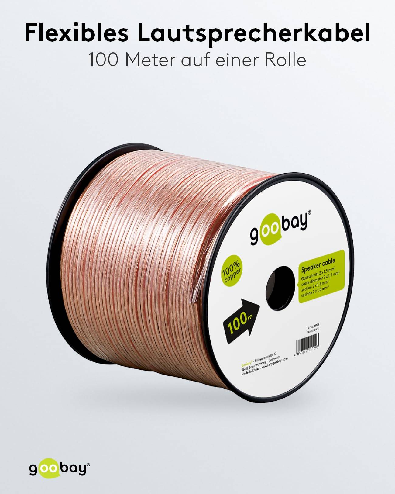 Goobay 15129 Lautsprecherkabel 2x 1,5mm² Kupferlitze / Audiokabel Boxenkabel Kupferkabel Meterware / Transparent / 100m-4