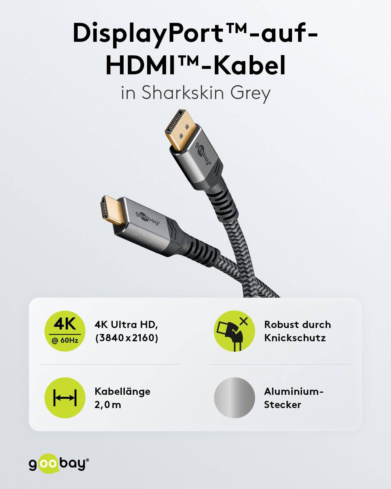 Goobay Plus 65269 DisplayPort auf HDMI Kabel Gaming Monitorkabel UHD 4K @ 60Hz Textilkabel Shark Skin 18 Gbit/s Grau 2m-3