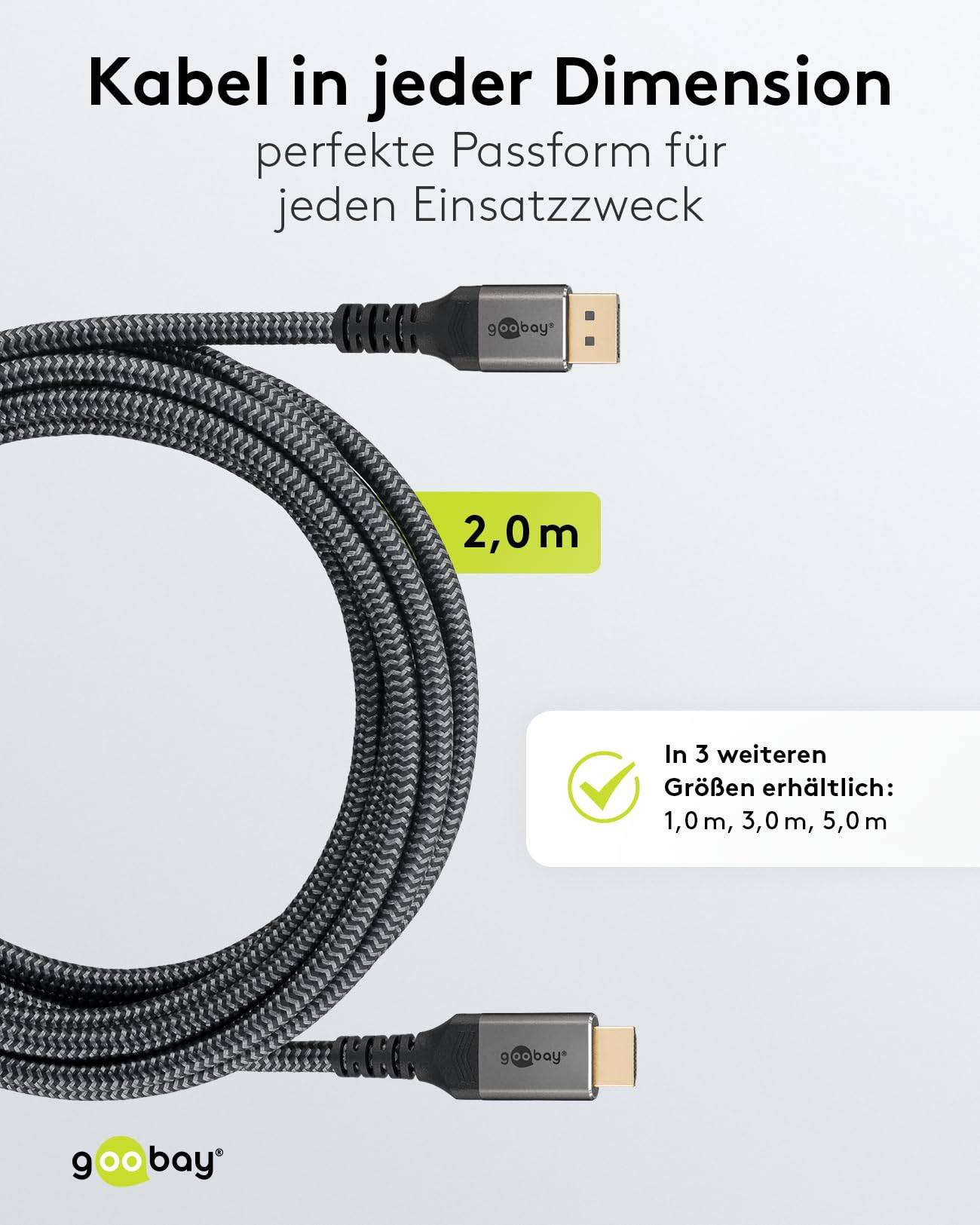 Goobay Plus 65269 DisplayPort auf HDMI Kabel Gaming Monitorkabel UHD 4K @ 60Hz Textilkabel Shark Skin 18 Gbit/s Grau 2m-4