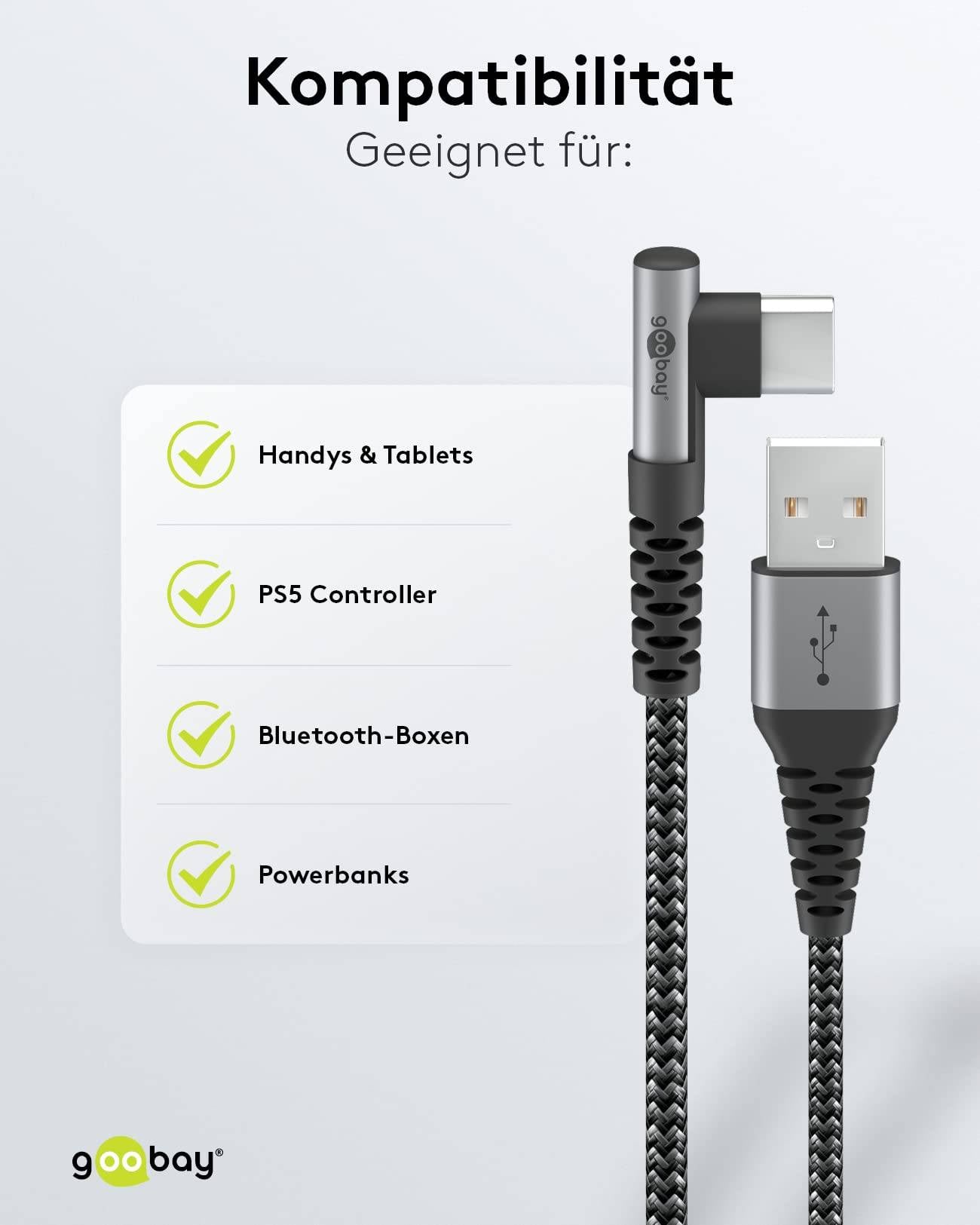 Goobay 64656 USB C auf USB A 90° gewinkelt Handy Kabel Ladekabel Adapterkabel 480 Mbit/s Textilkabel Stoffkabel Grau 1m-5
