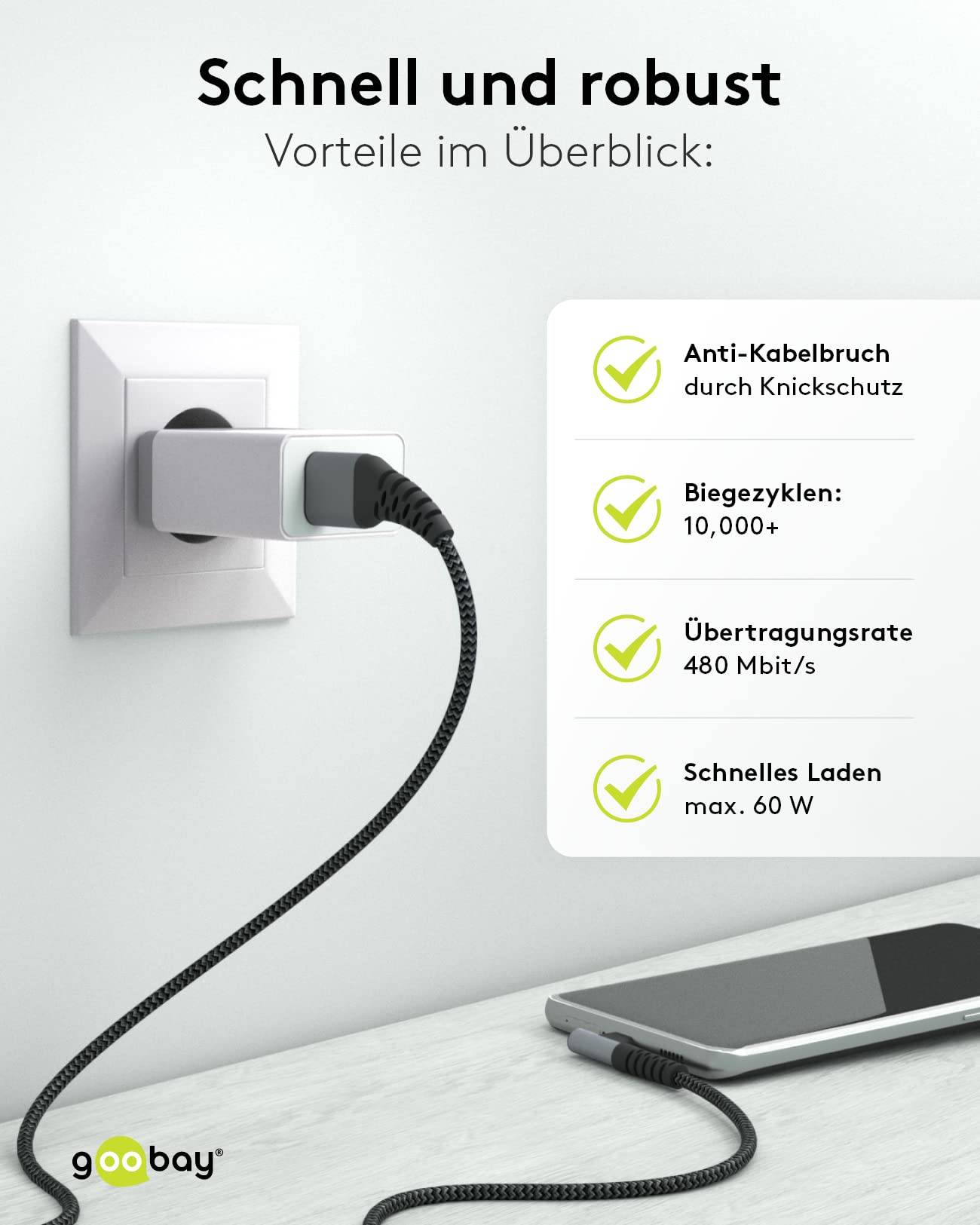 Goobay 64656 USB C auf USB A 90° gewinkelt Handy Kabel Ladekabel Adapterkabel 480 Mbit/s Textilkabel Stoffkabel Grau 1m-6