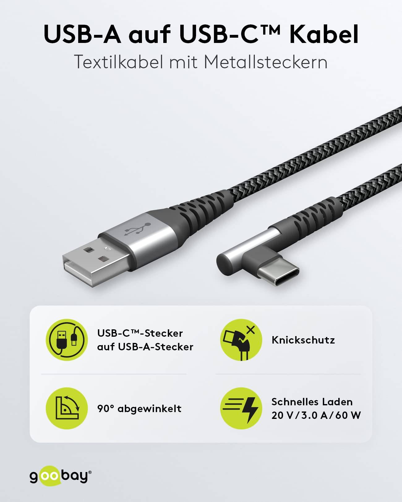 Goobay 64656 USB C auf USB A 90° gewinkelt Handy Kabel Ladekabel Adapterkabel 480 Mbit/s Textilkabel Stoffkabel Grau 1m-1