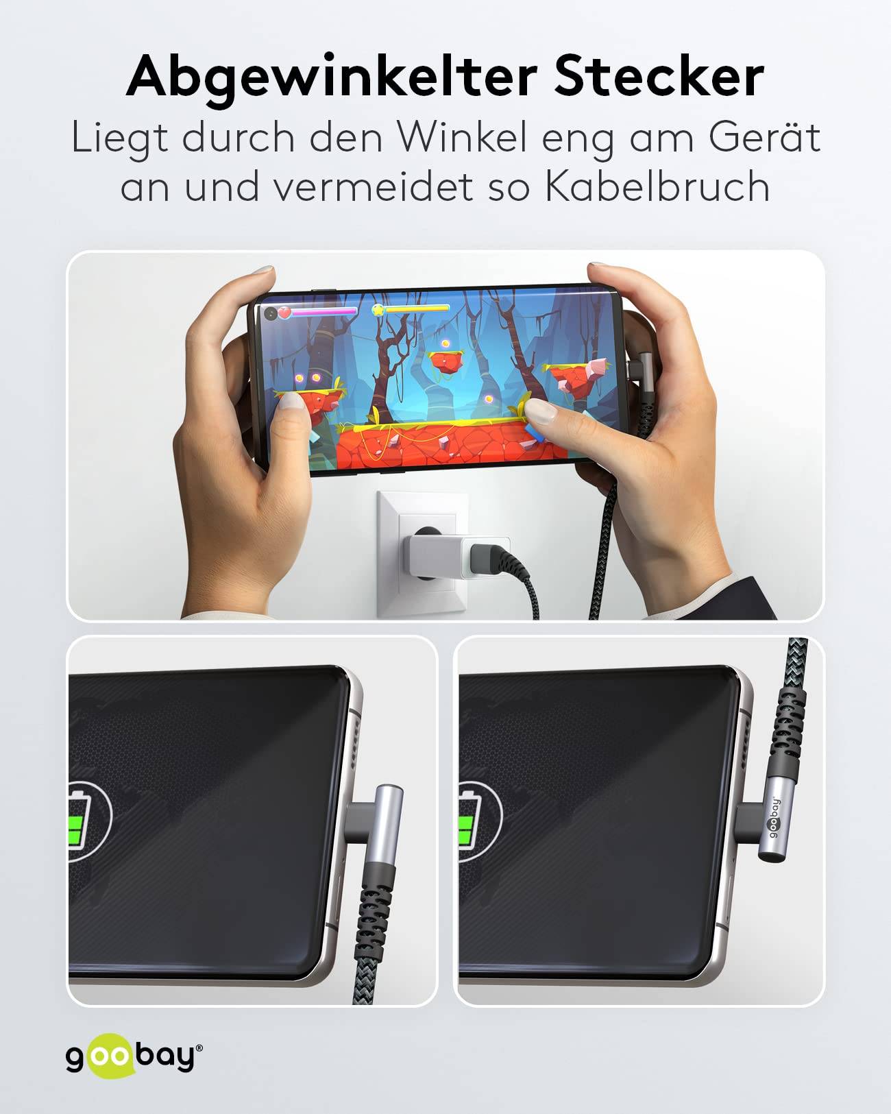 Goobay 64656 USB C auf USB A 90° gewinkelt Handy Kabel Ladekabel Adapterkabel 480 Mbit/s Textilkabel Stoffkabel Grau 1m-3