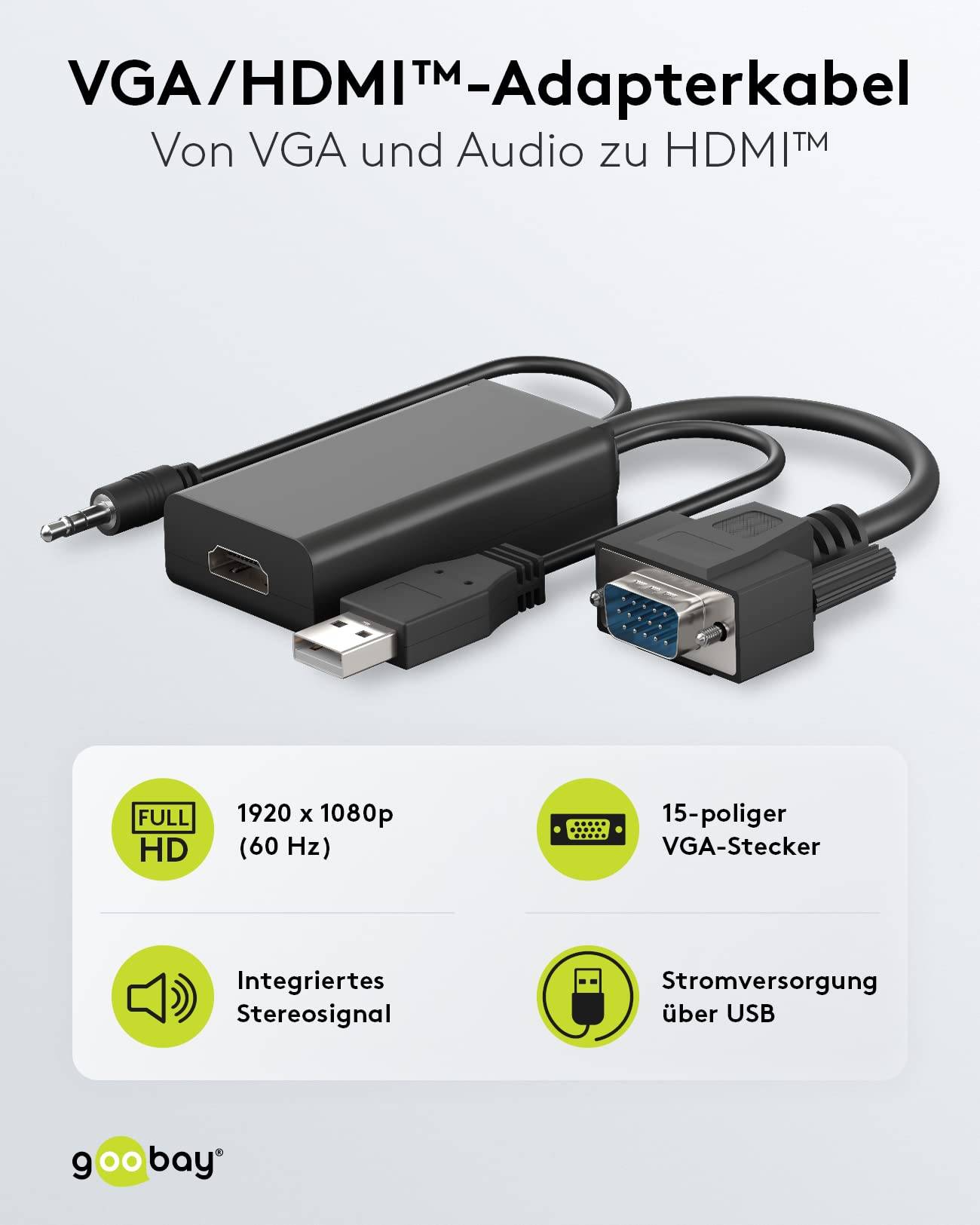 Goobay 61259 VGA auf HDMI Adapter Full HD 1080p @ 60Hz Adapterkabel konvertiert VGA & Audio in HDMI Signale Monitorkabel-1