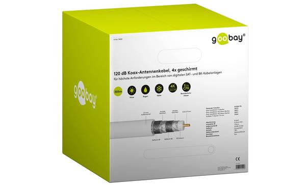 Goobay 74020 SAT Koaxialkabel 120 dB / Antennenkabel Meterware / 4-fach geschirmt / Satellitenkabel CCS / Weiß / 305m